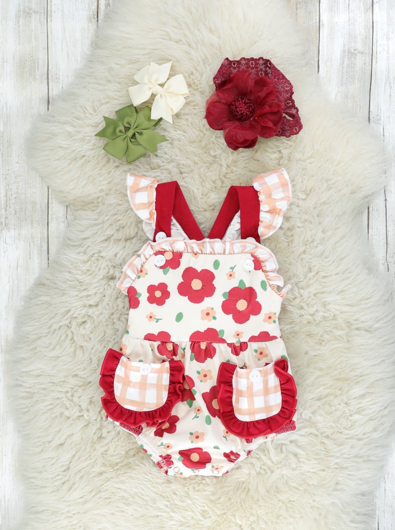 Red Poppy Pocket Ruffle Romper - Marie Nicole Clothing
