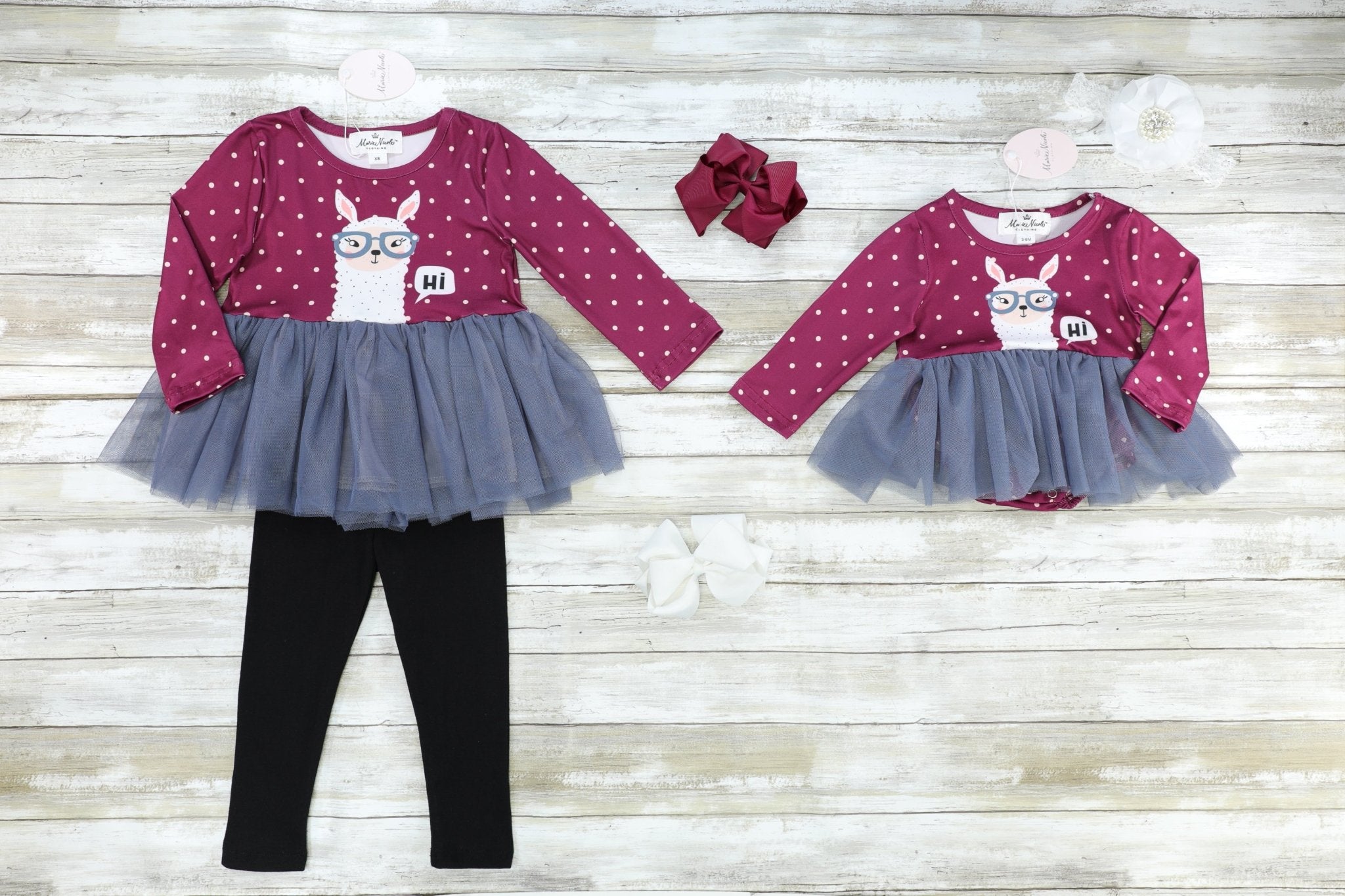 Mulberry & Pink Polka Dot "Hi" Llama Tulle Romper - Marie Nicole Clothing