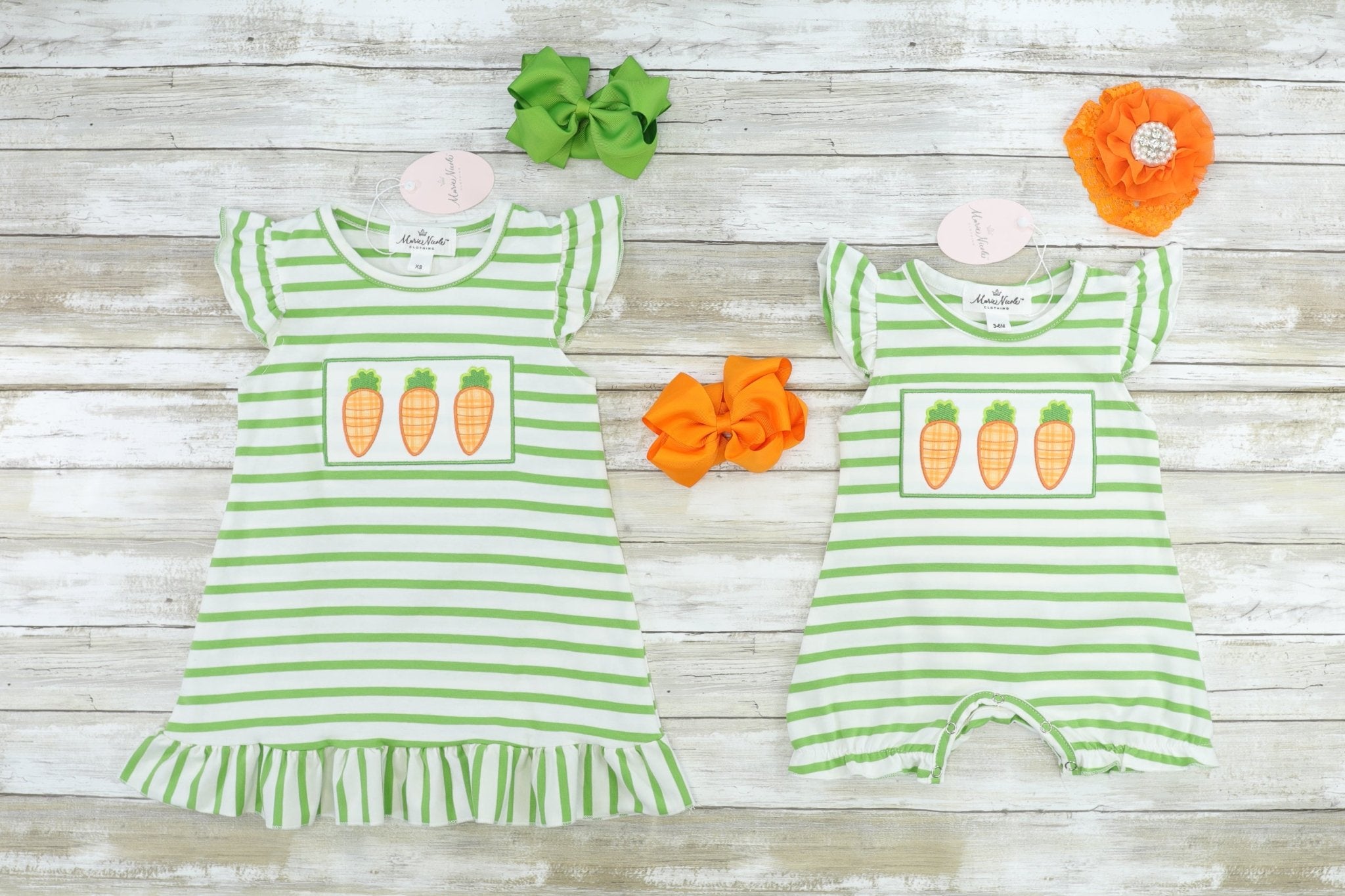 Green Carrot Ruffle Romper - Marie Nicole Clothing