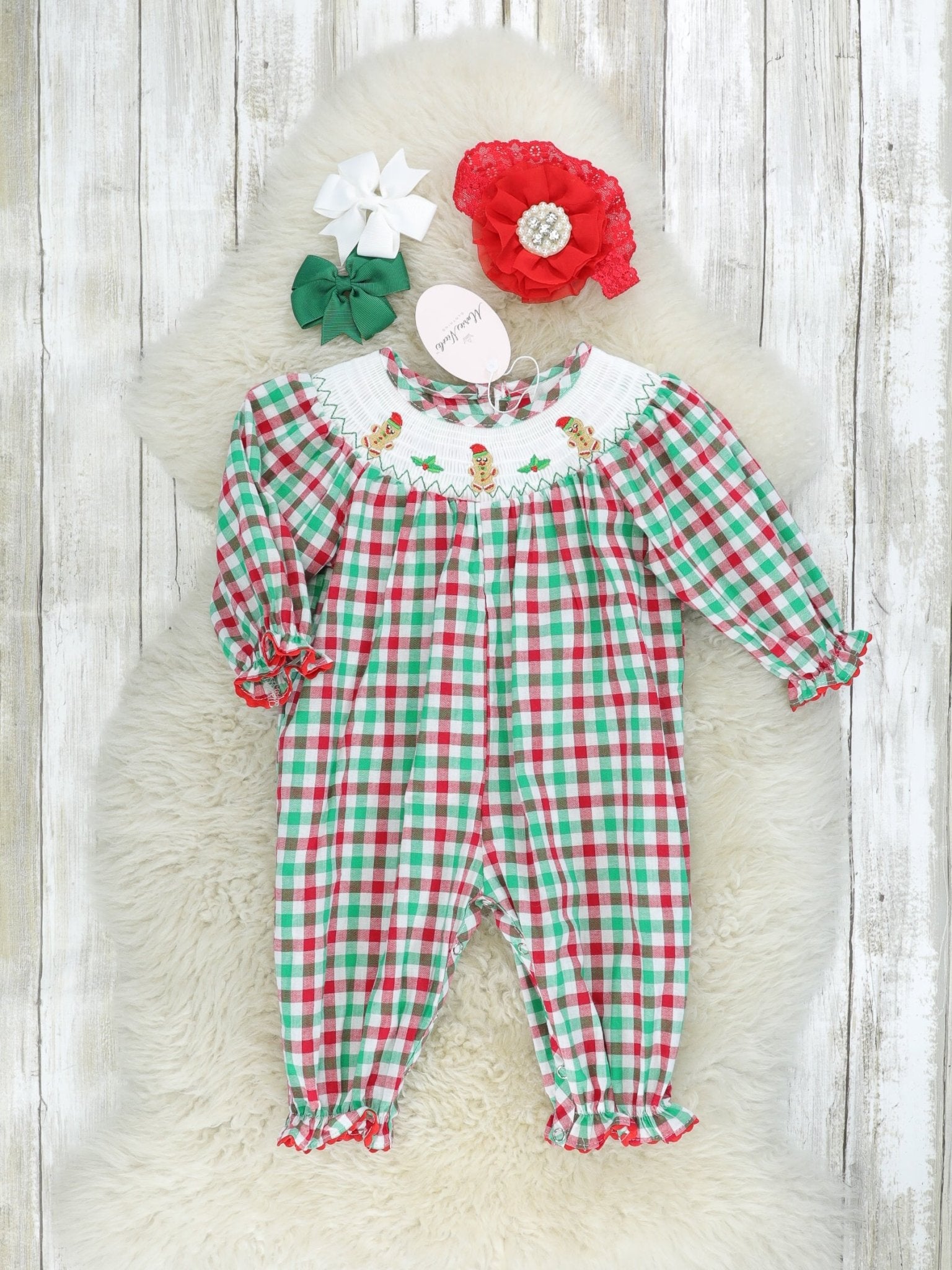 Red & Green Gingerbread Smocked Romper - Marie Nicole Clothing