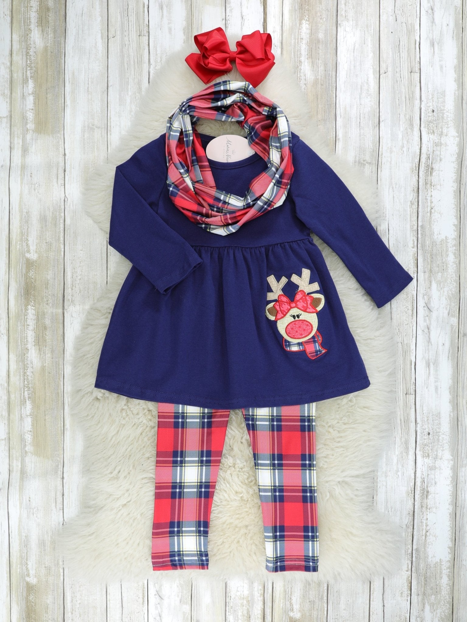 Navy Reindeer Plaid Peplum 3 - Piece Outfit - Marie Nicole Clothing