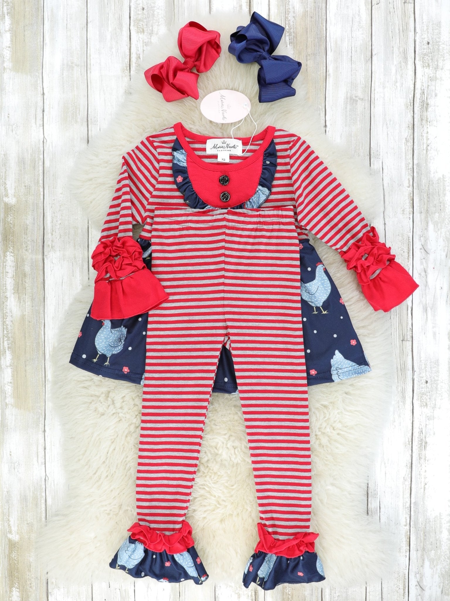 Red Striped Chicken Ruffle Outfit - Marie Nicole Clothing