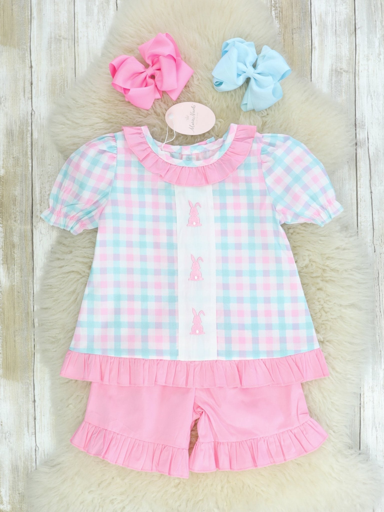Pinky Check Bunny Ruffle Outfit - Marie Nicole Clothing