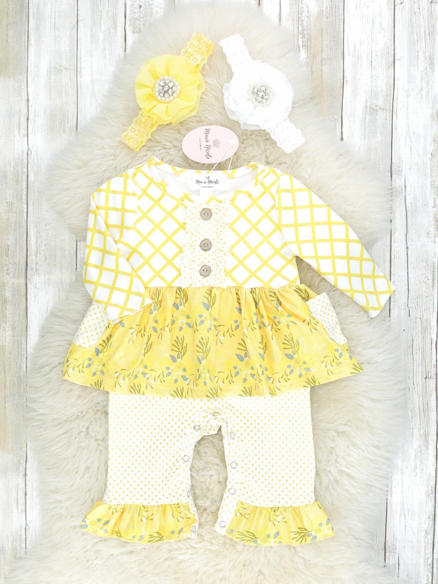 Yellow Plaid & Floral Ruffle Romper - Marie Nicole Clothing