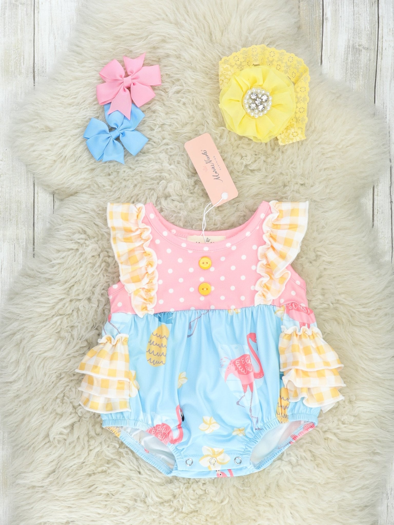 Yellow Gingham Flamingo Ruffle Bubble Romper - Marie Nicole Clothing