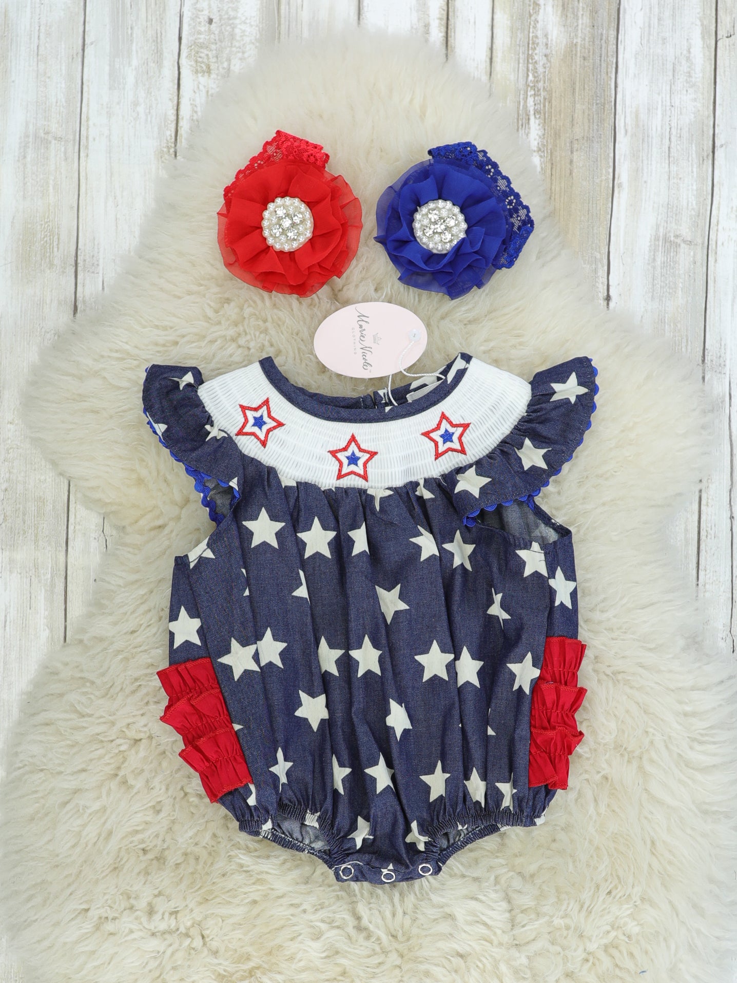 Navy Smocked Star Bubble Romper - Marie Nicole Clothing