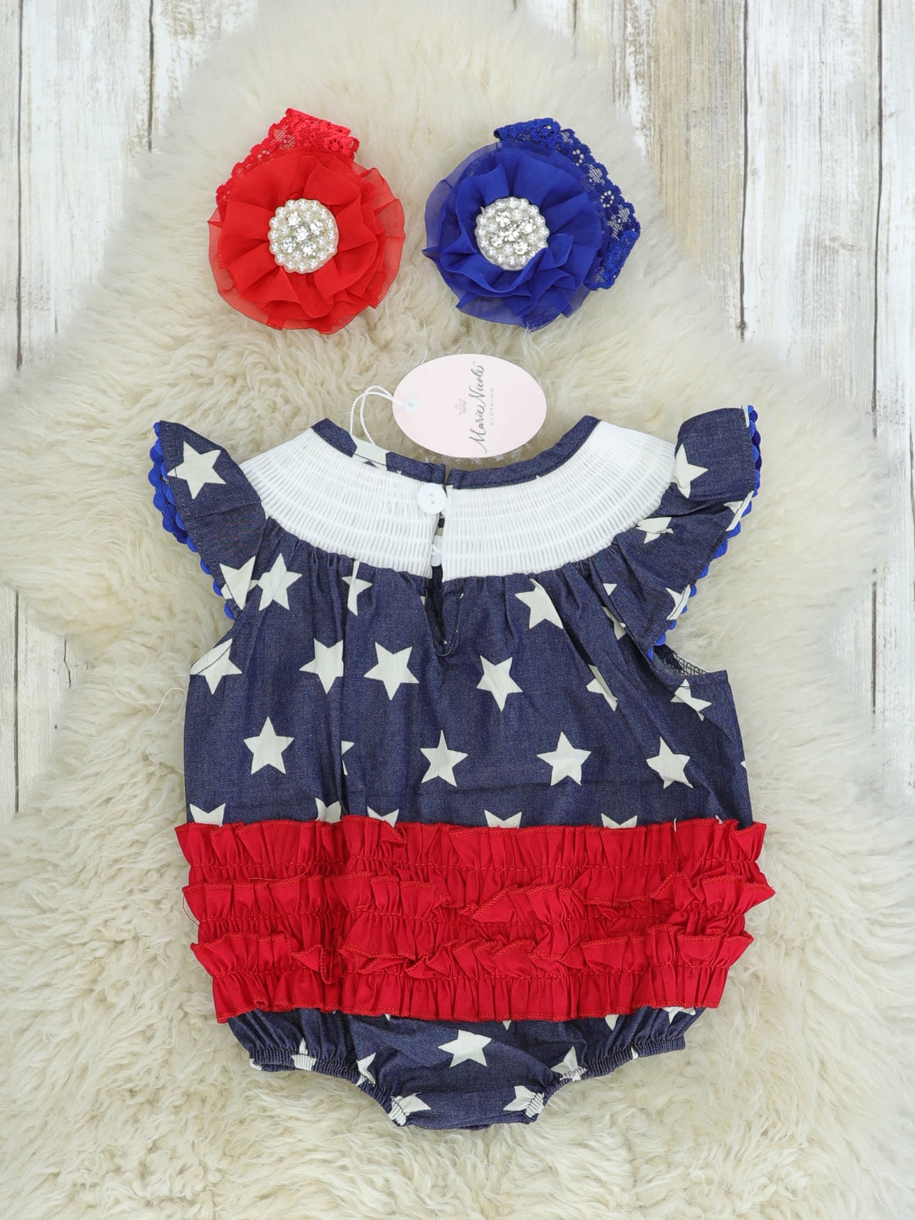 Navy Smocked Star Bubble Romper - Marie Nicole Clothing
