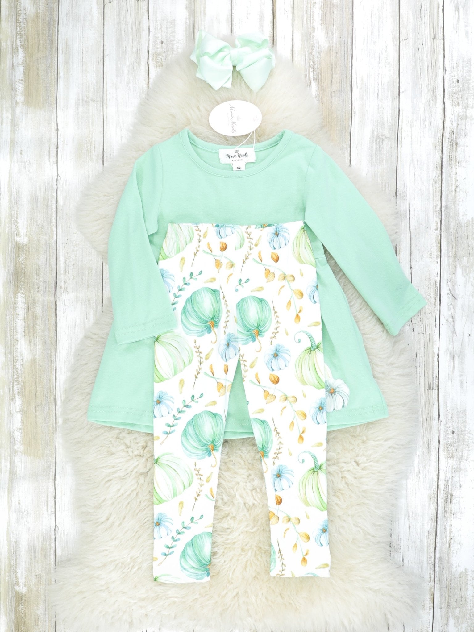 Green & Blue Pumpkin Peplum Top & Bottoms Outfit W/ Scarf - Marie Nicole Clothing