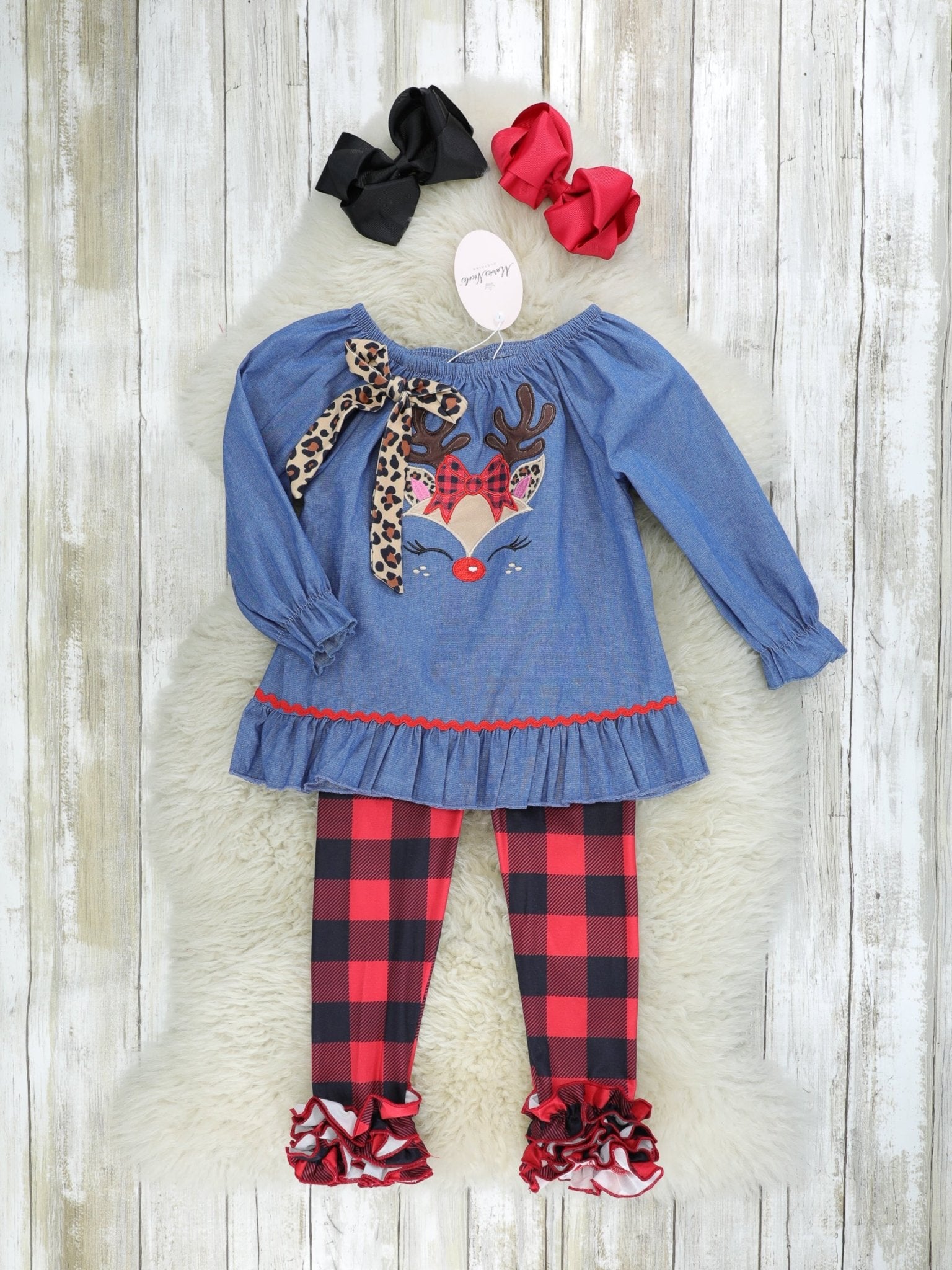 Buffalo Plaid & Leopard Reindeer Outfit - Marie Nicole Clothing