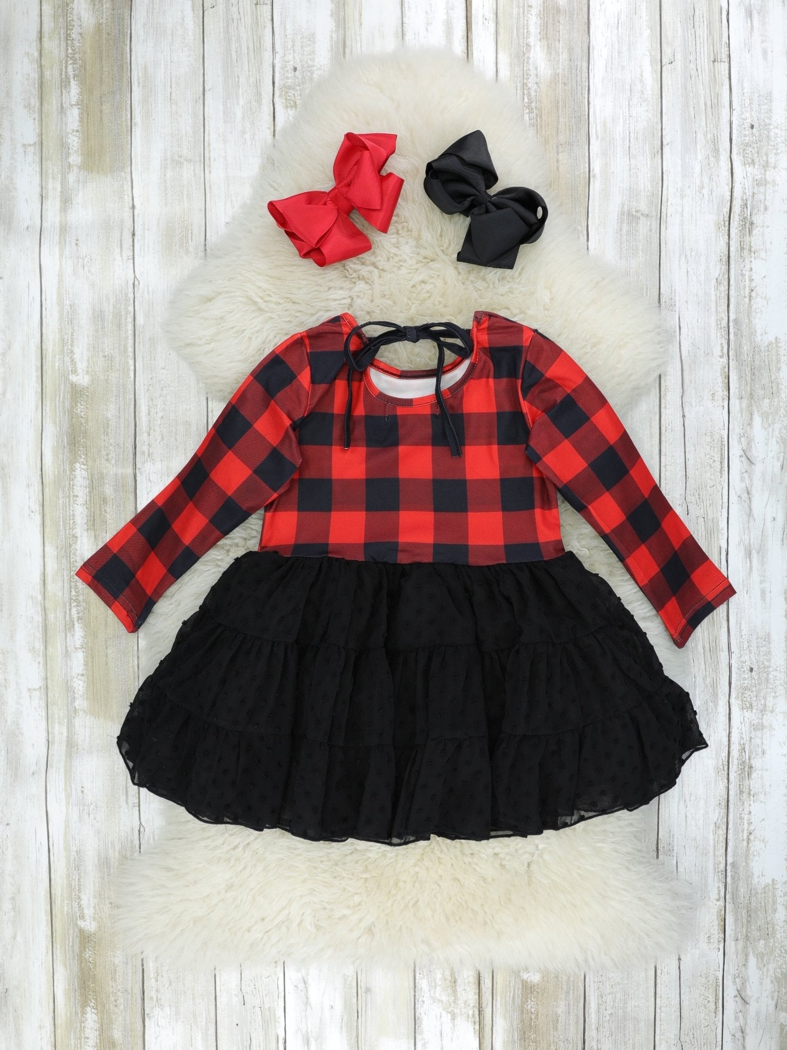 Buffalo Plaid Swiss Dot Tie Dress - Marie Nicole Clothing