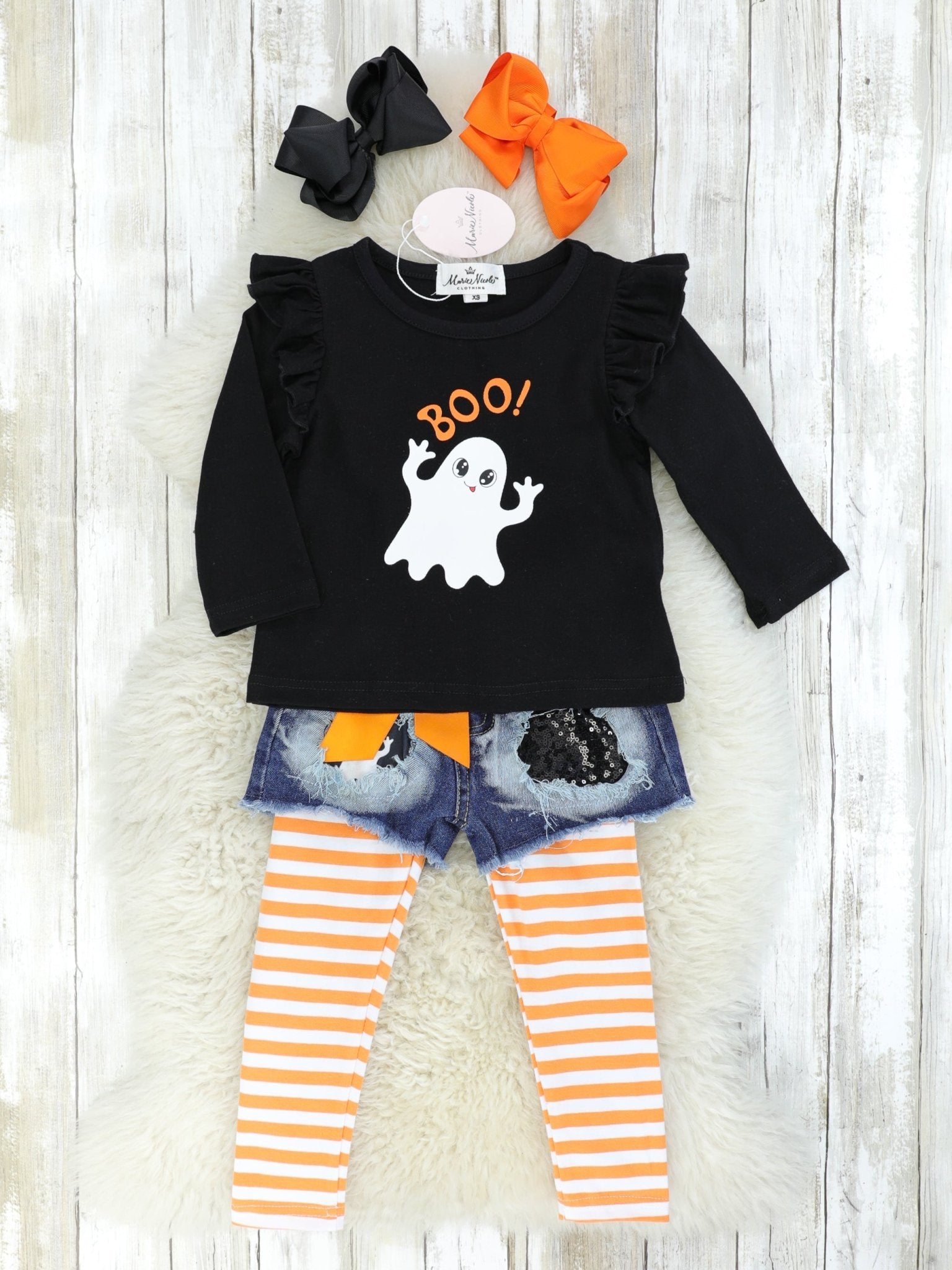 "BOO" Ruffle Top, Distressed Denim Shorts & Striped Leggings Outfit - Marie Nicole Clothing