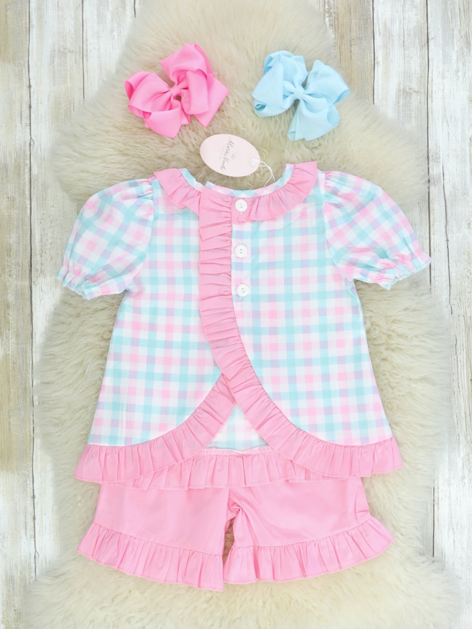 Pinky Check Bunny Ruffle Outfit - Marie Nicole Clothing