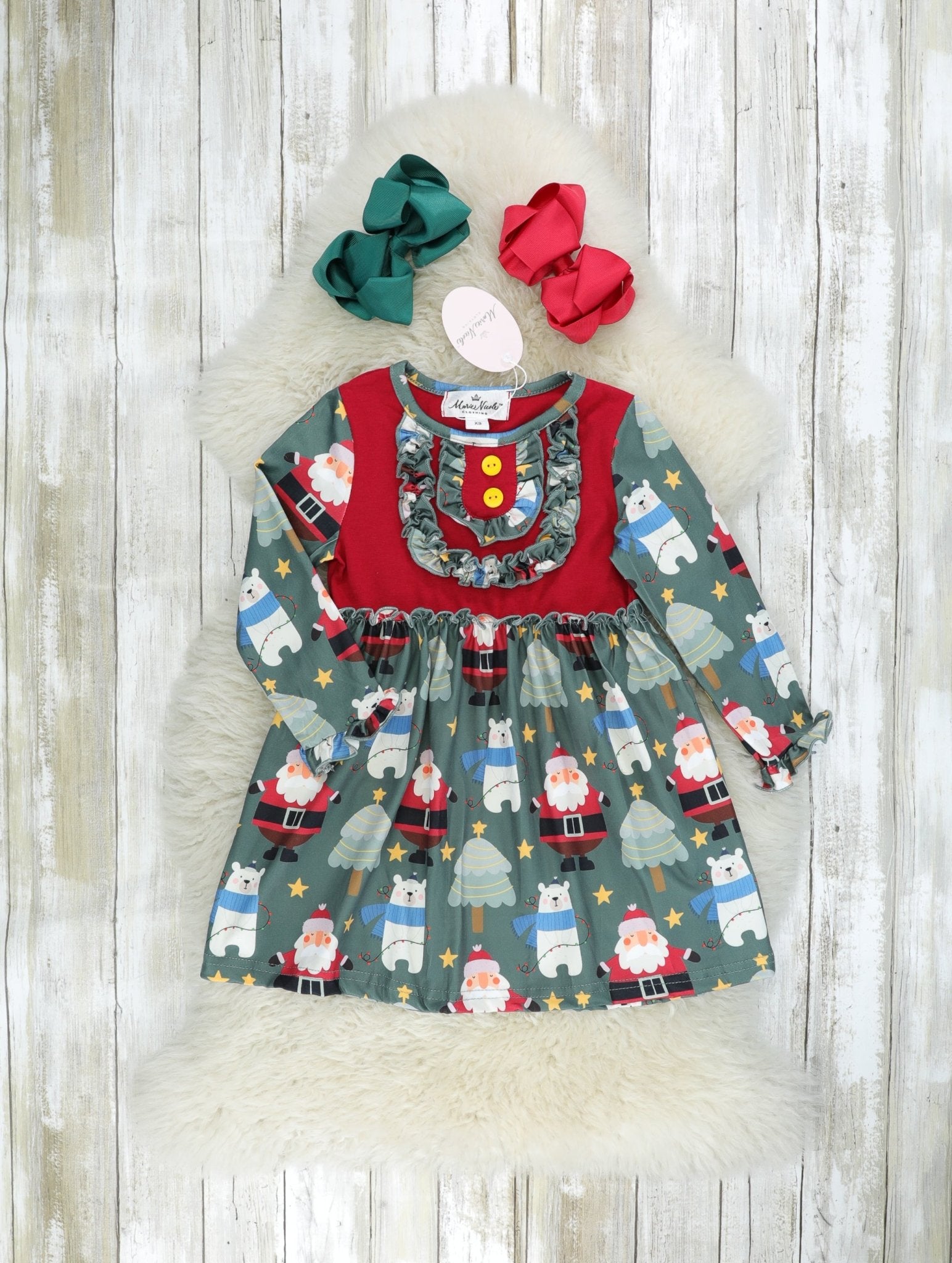 Green Santa Ruffle Dress - Marie Nicole Clothing