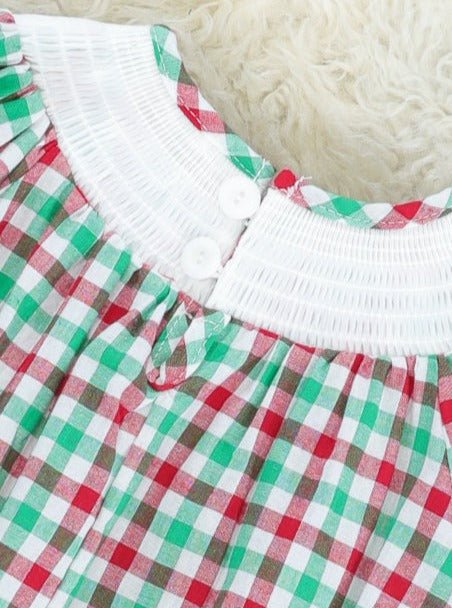 Red & Green Gingerbread Smocked Romper - Marie Nicole Clothing