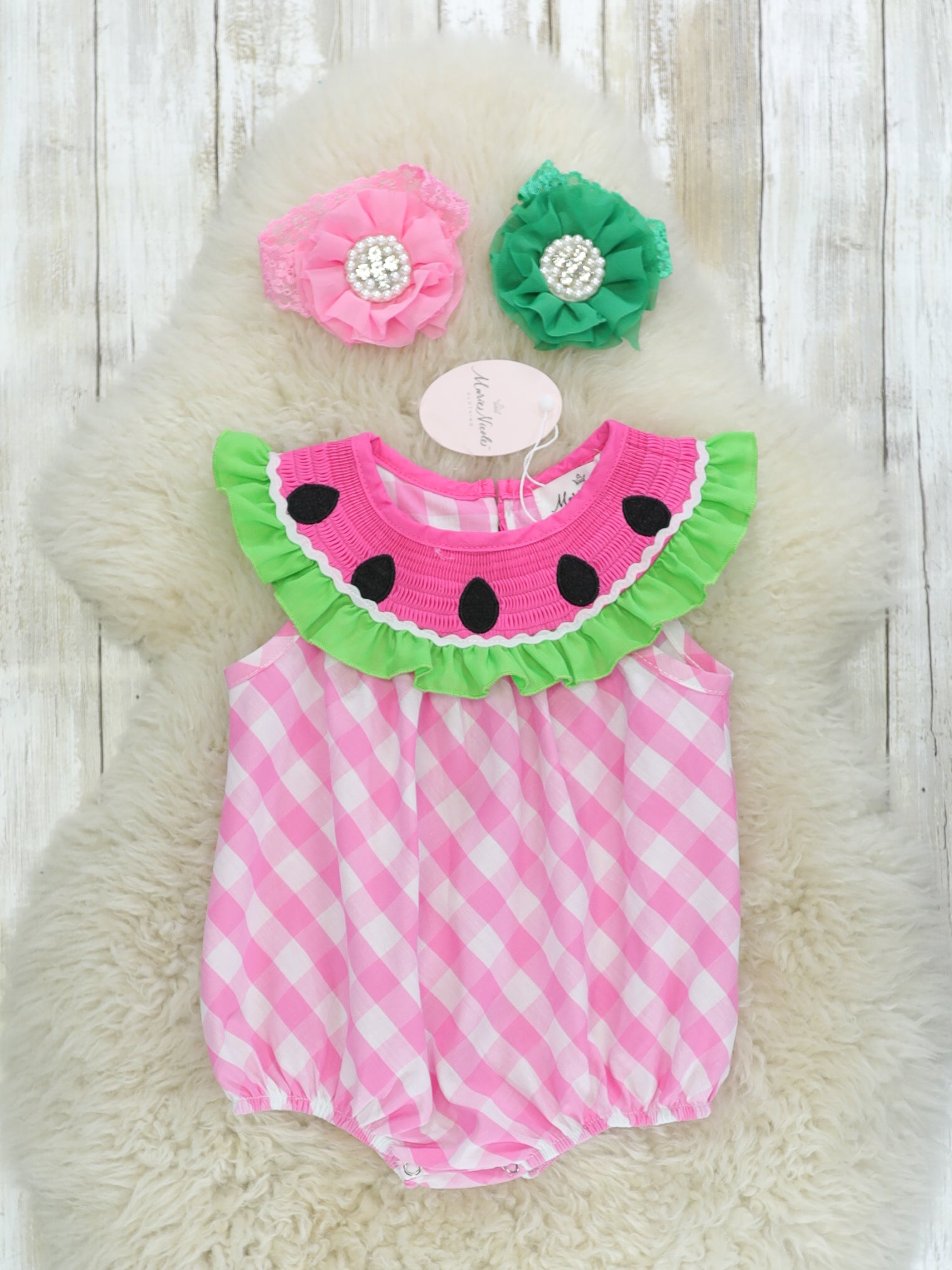 Pink Smocked Watermelon Ruffle Bubble Romper - Marie Nicole Clothing