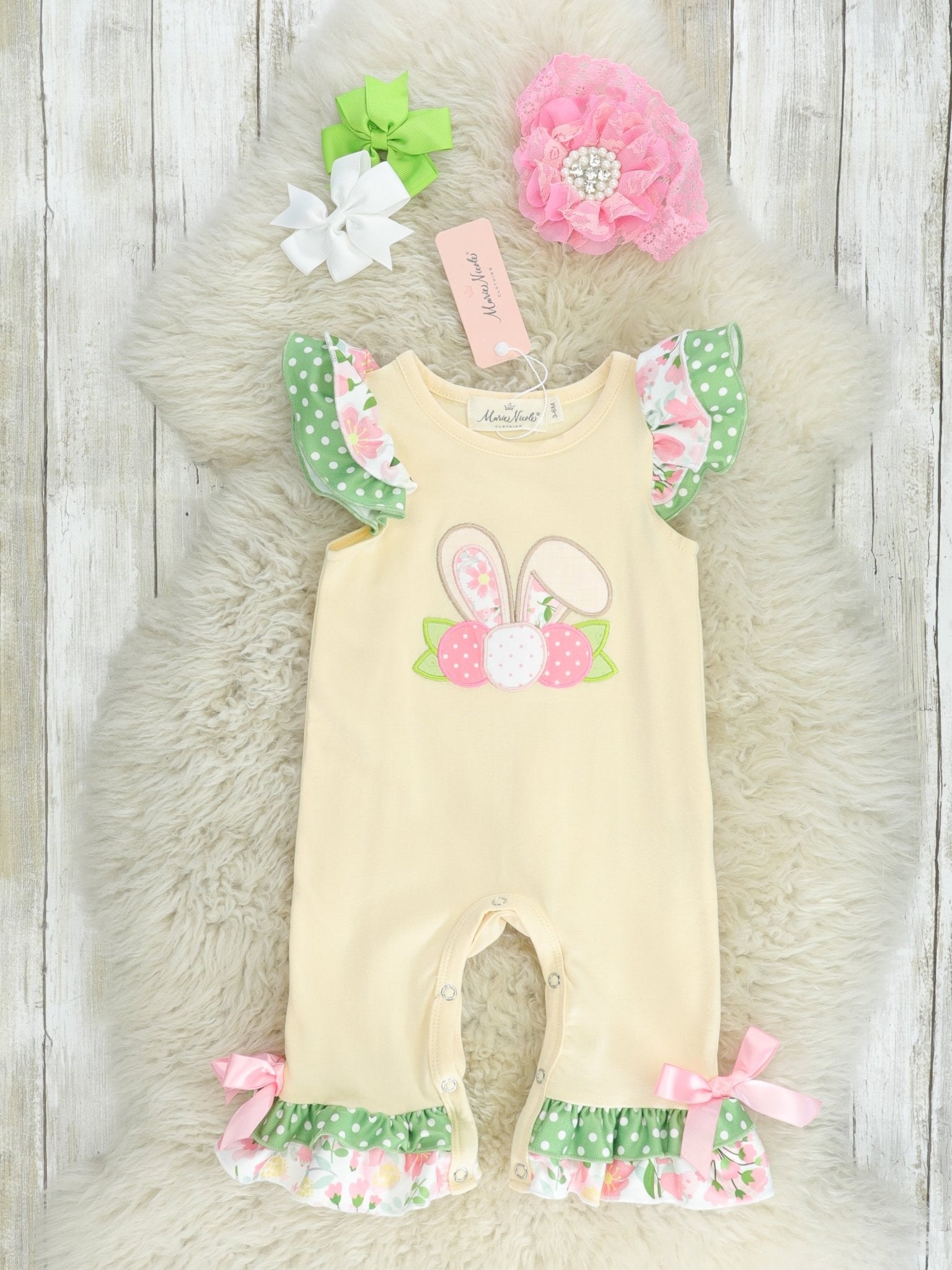 Eggshell Floral Bunny Ruffle Romper - Marie Nicole Clothing