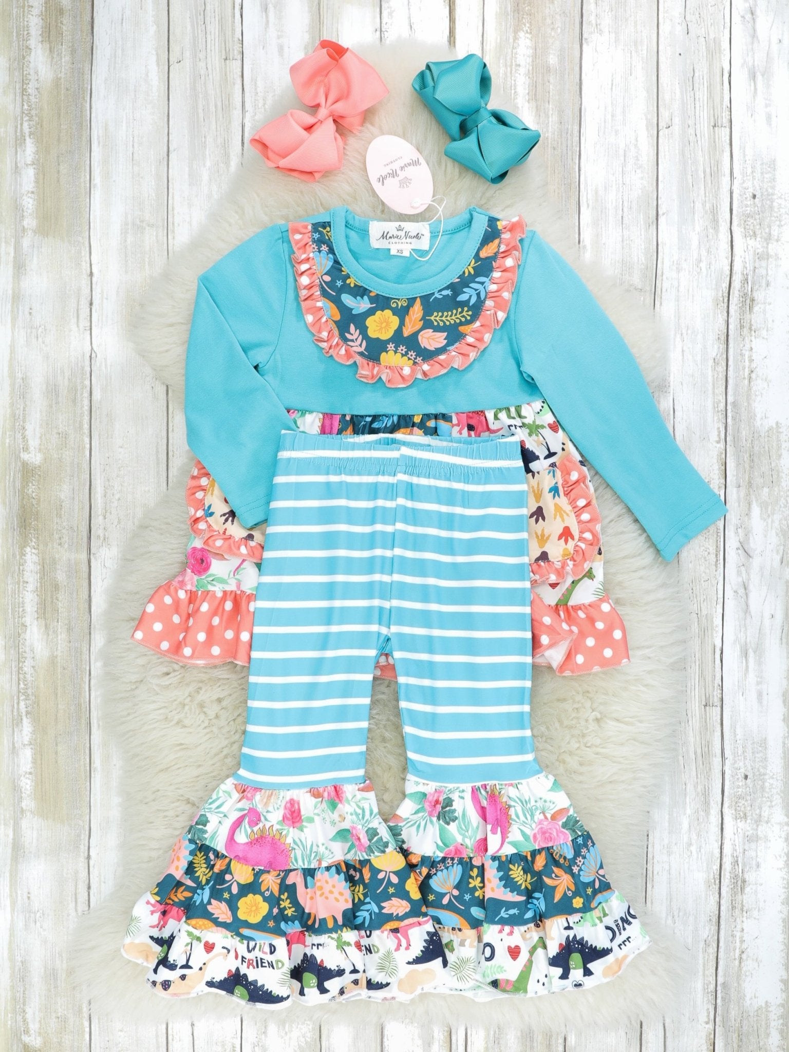 Pocket Flara Bells Outfit - Blue Dinosaurs - Marie Nicole Clothing