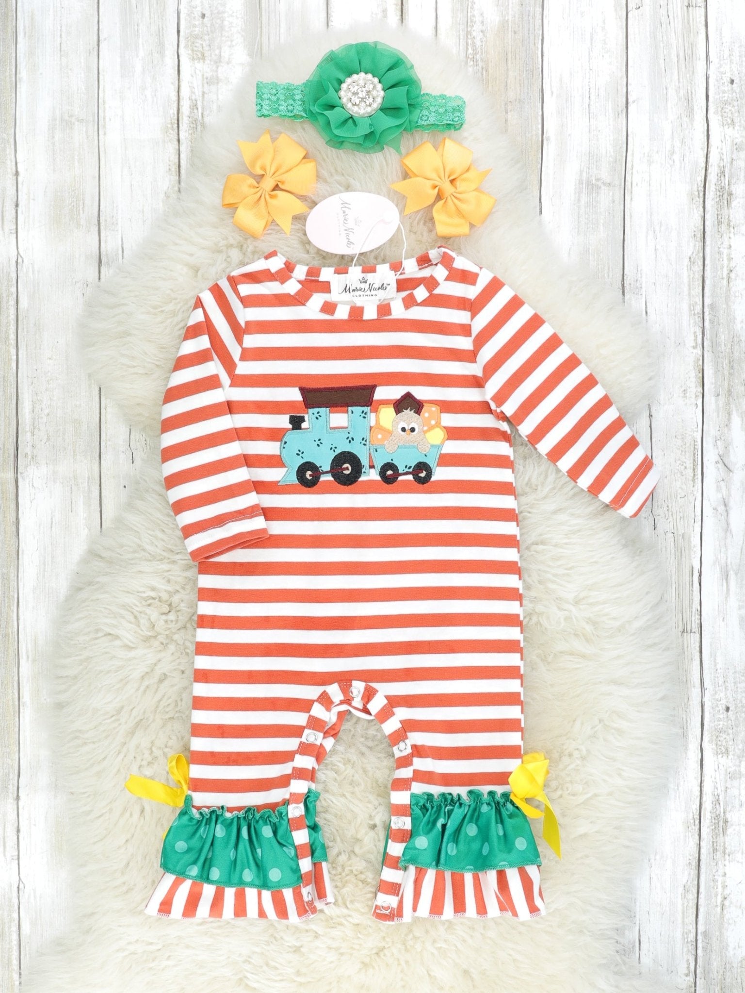 Striped Teal Turkey Train Ruffle Romper - Marie Nicole Clothing
