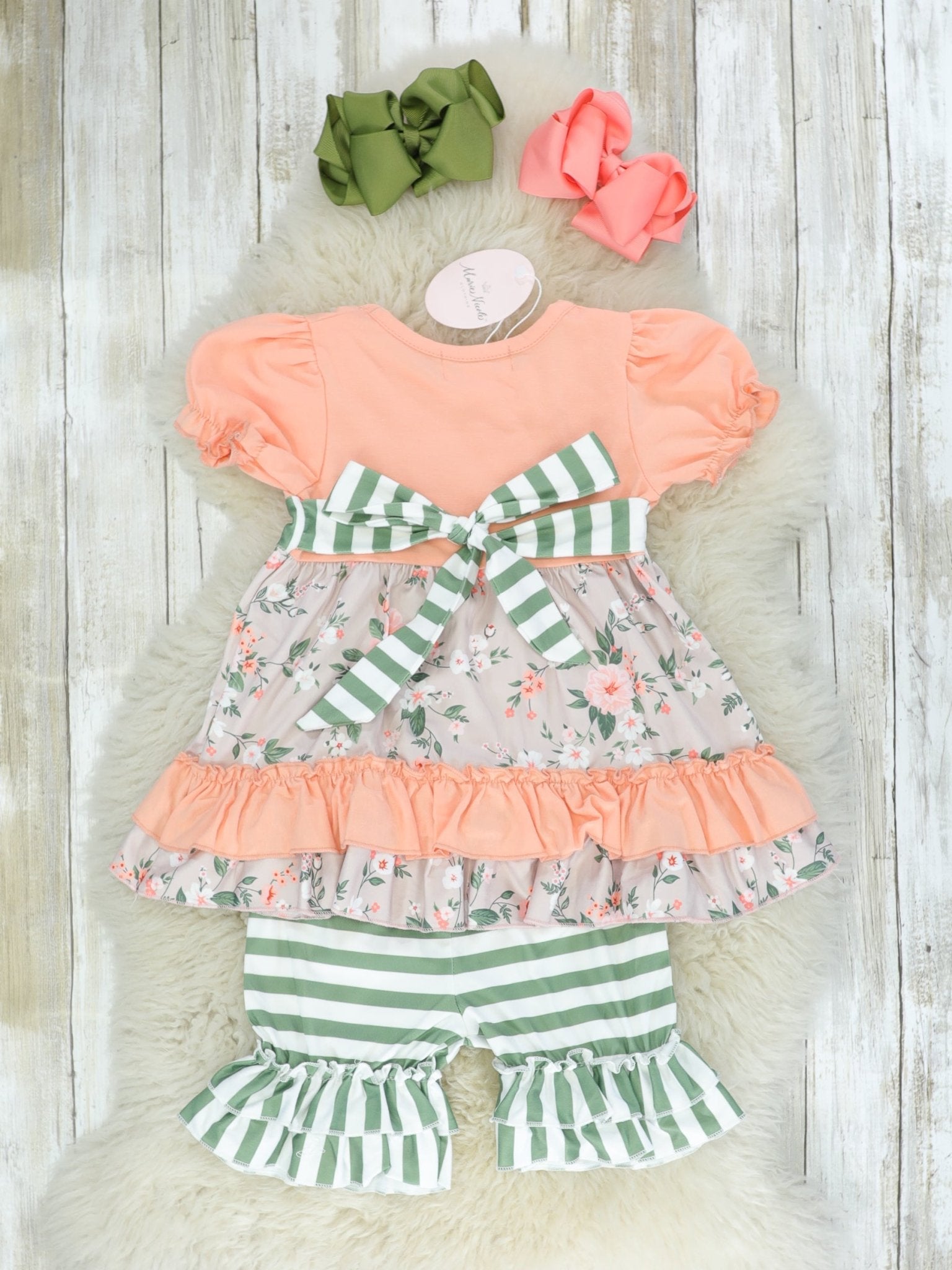 Coral Floral & Green Striped Ruffle Outfit - Marie Nicole Clothing
