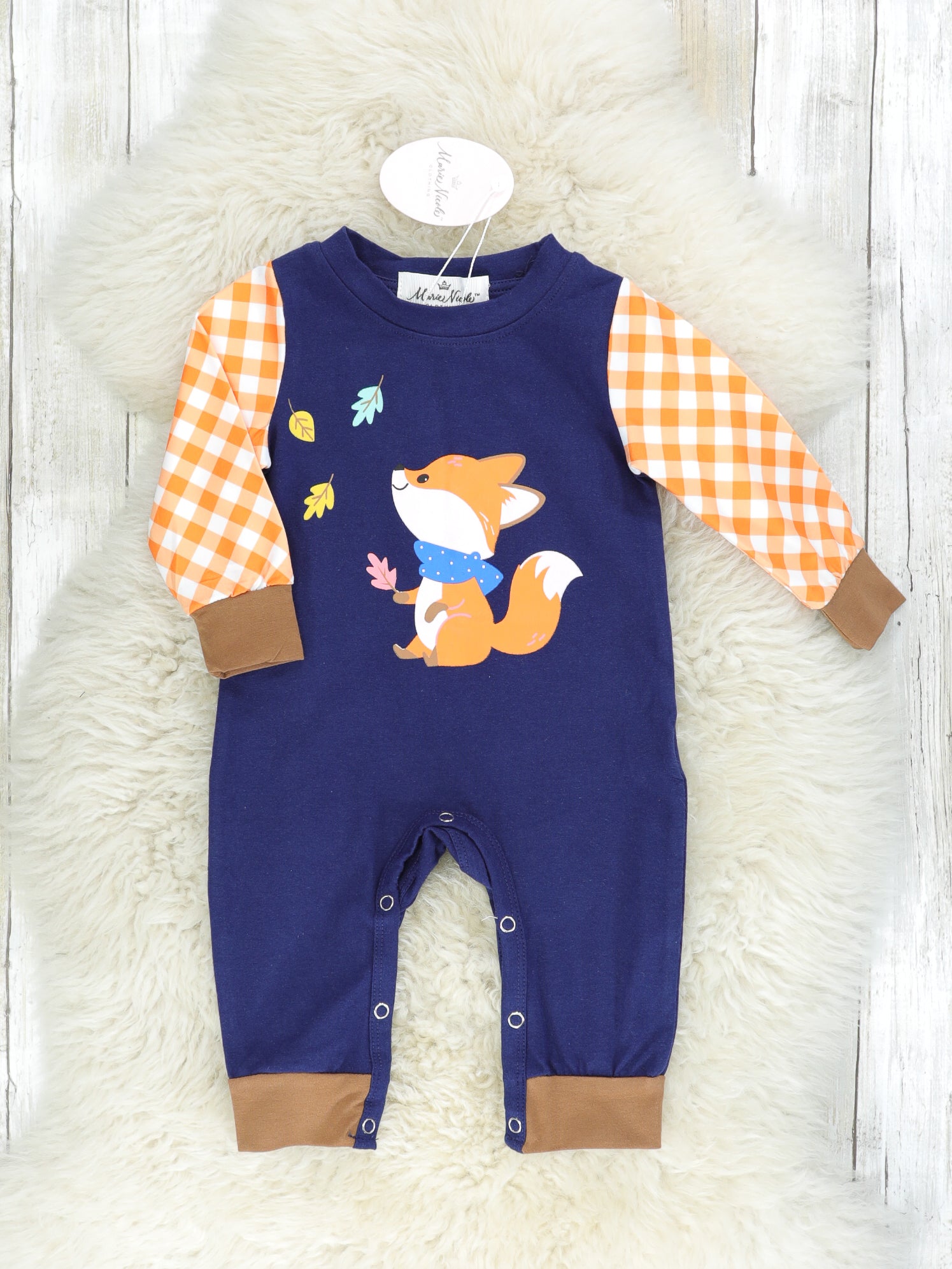 Orange Gingham & Navy Fox Romper - Marie Nicole Clothing