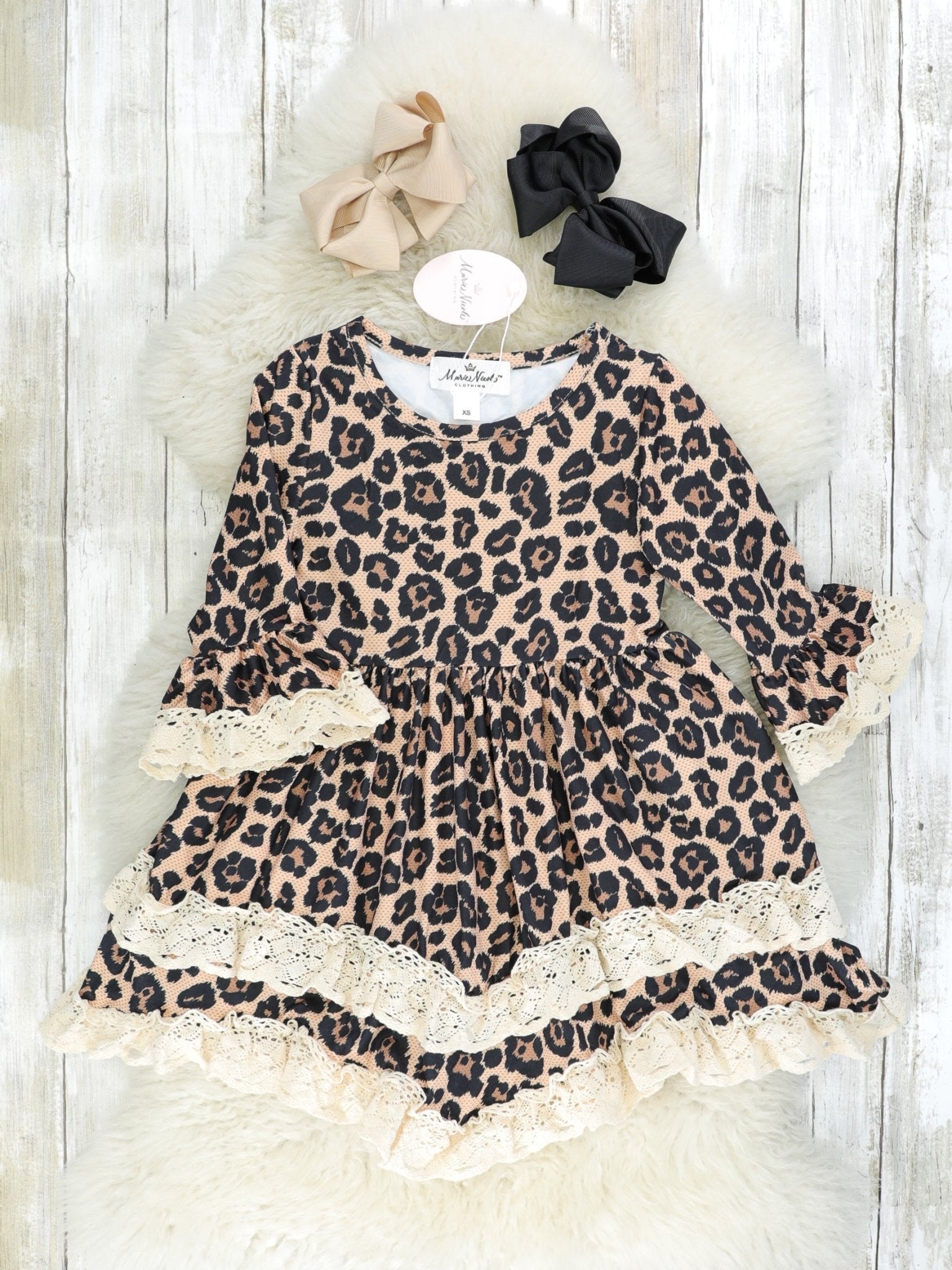 Leopard Crochet Lace Ruffle Bell Sleeve Dress - Marie Nicole Clothing