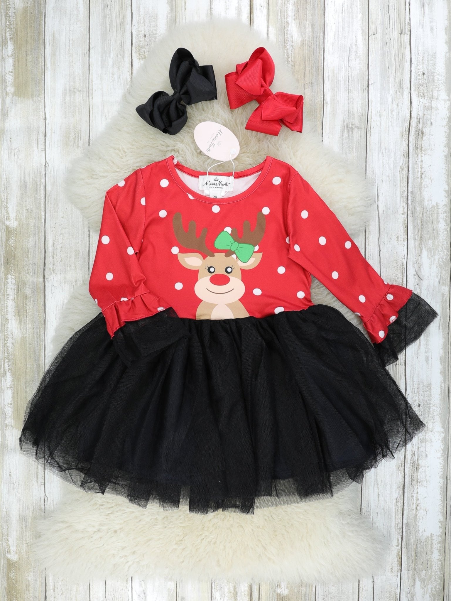 Red Polka Dot Reindeer Tulle Dress - Marie Nicole Clothing