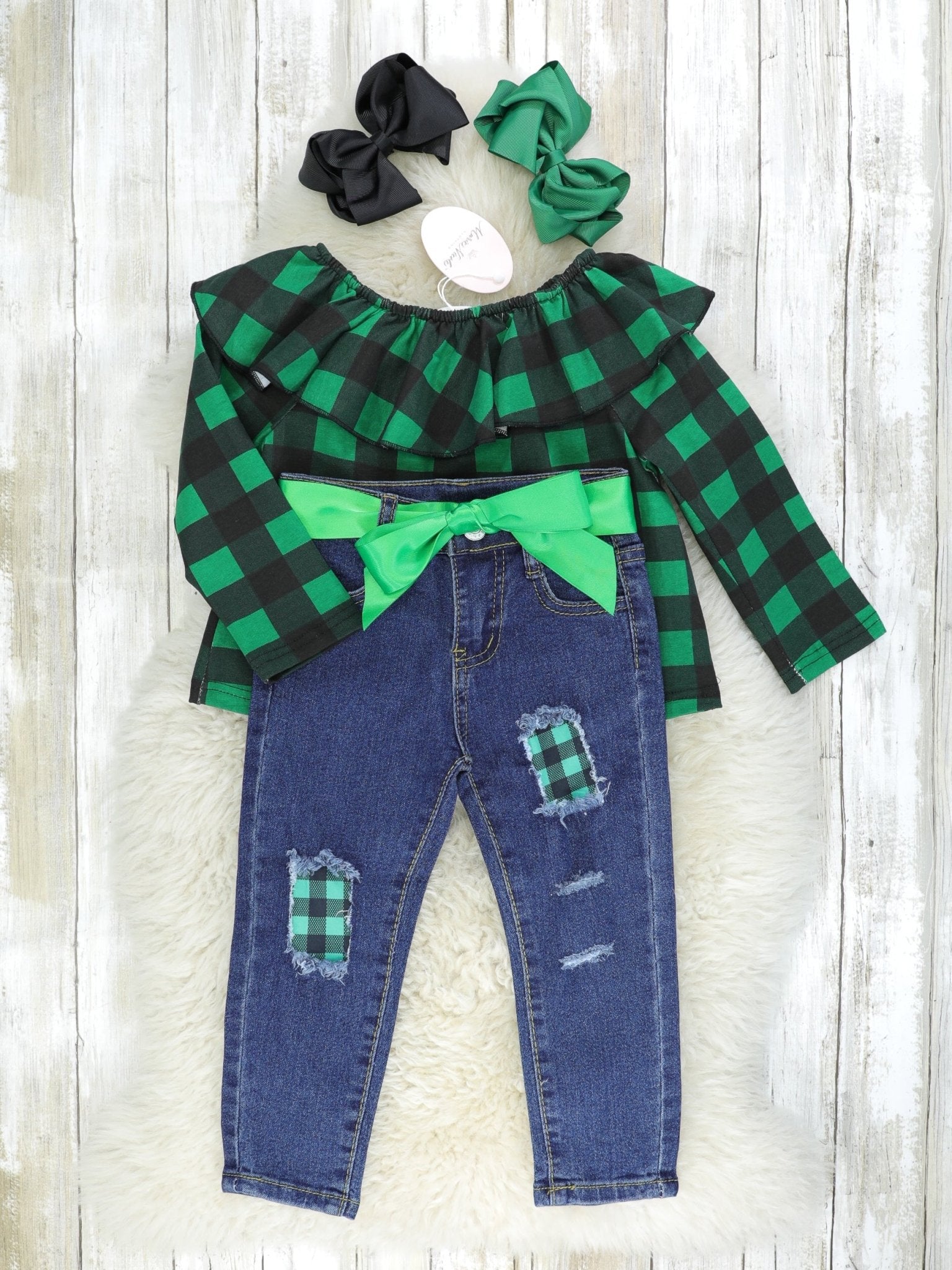 Green / Black Plaid Ruffle Top & Distressed Denim Outfit - Marie Nicole Clothing