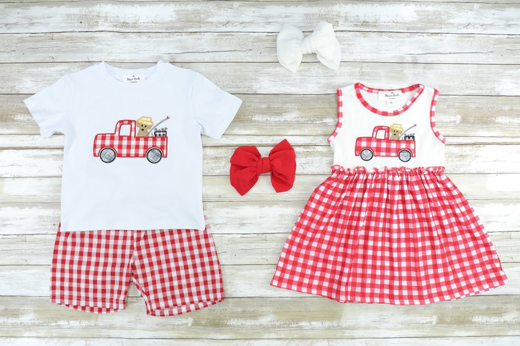 Red Checked Truck With A Dog Fishing Dress - Marie Nicole Clothing