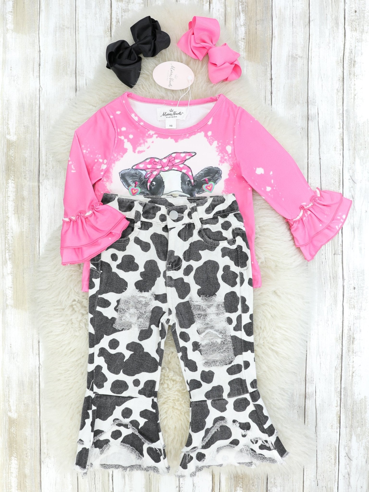 Pink Bleached Cow Top & Distressed Pants Outfit - Marie Nicole Clothing