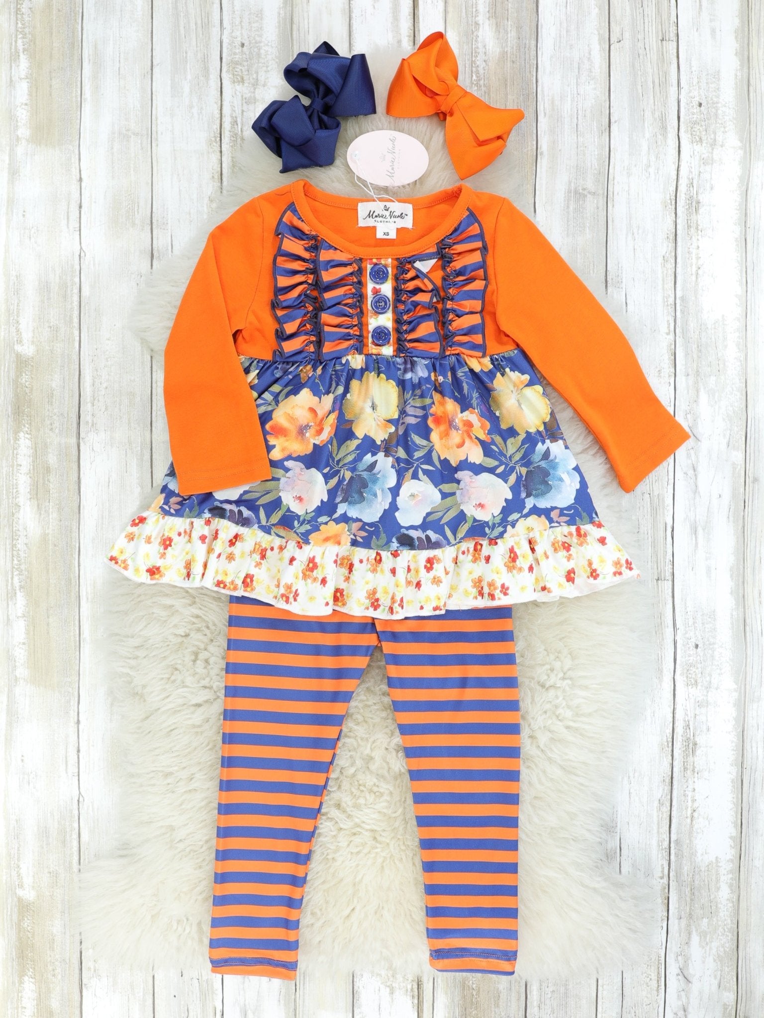 Navy Floral Ruffle Tunic & Orange Striped Bottoms Outfit - Marie Nicole Clothing
