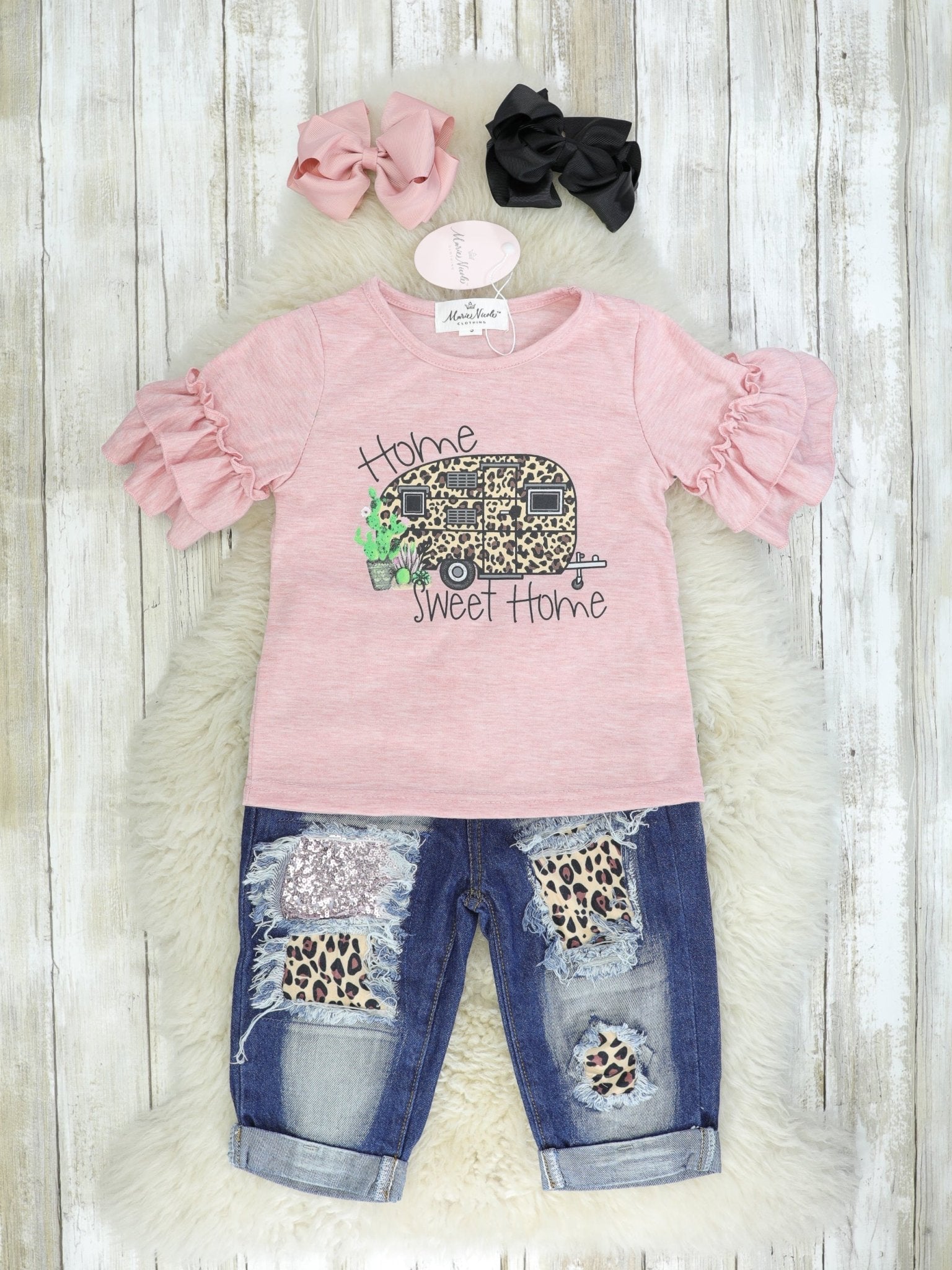 "Home Sweet Home" Ruffle Top & Distressed Denim Outfit - Marie Nicole Clothing