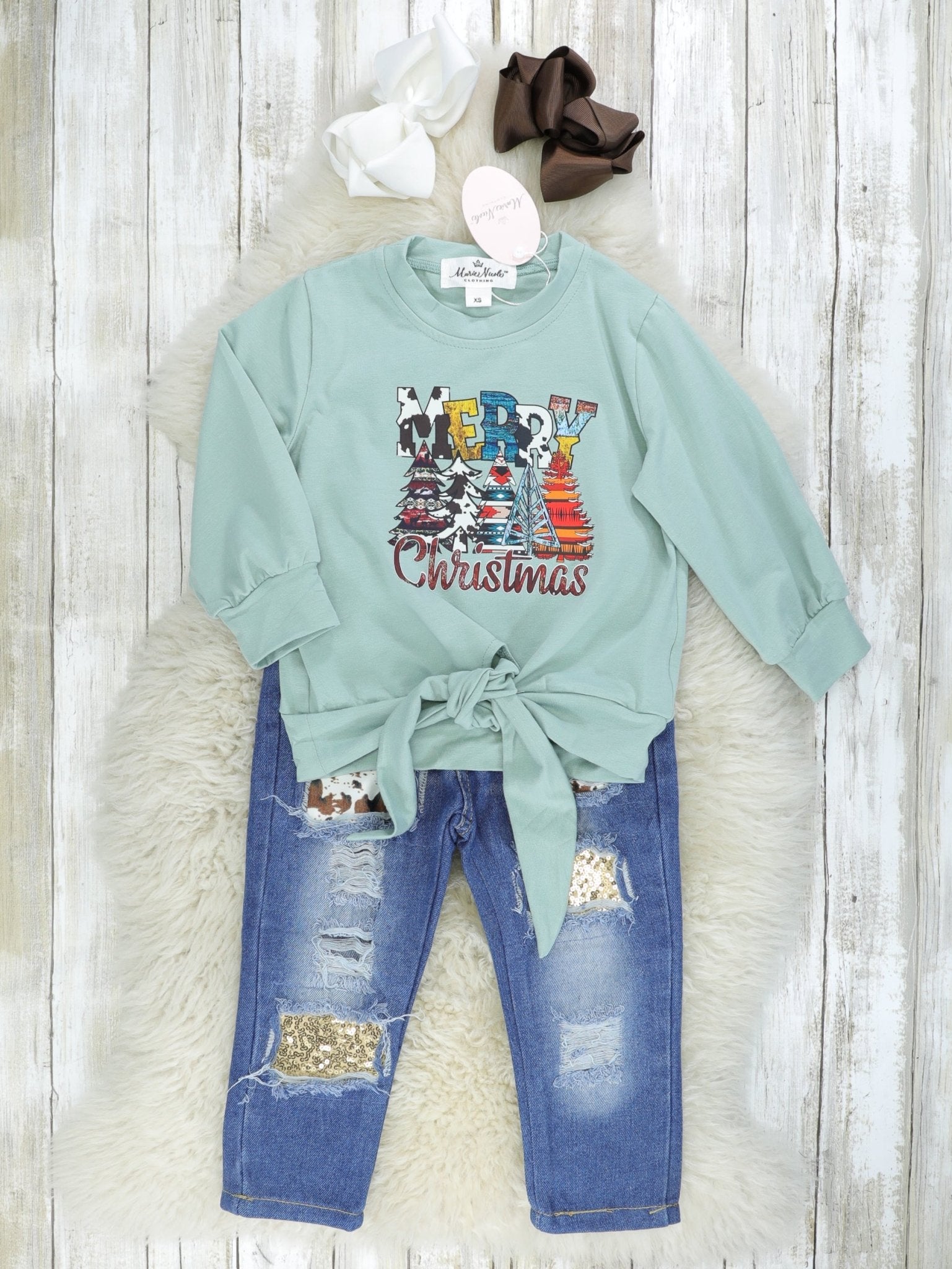 "Merry Christmas" Tie Distressed Denim Outfit - Marie Nicole Clothing