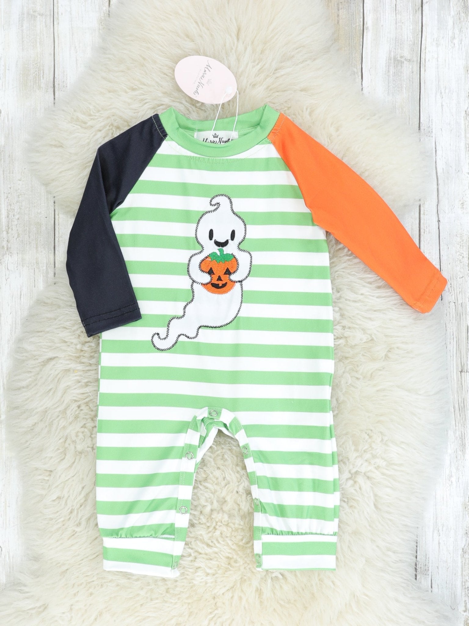 Green & Orange Pumpkin Ghoul Romper - Marie Nicole Clothing