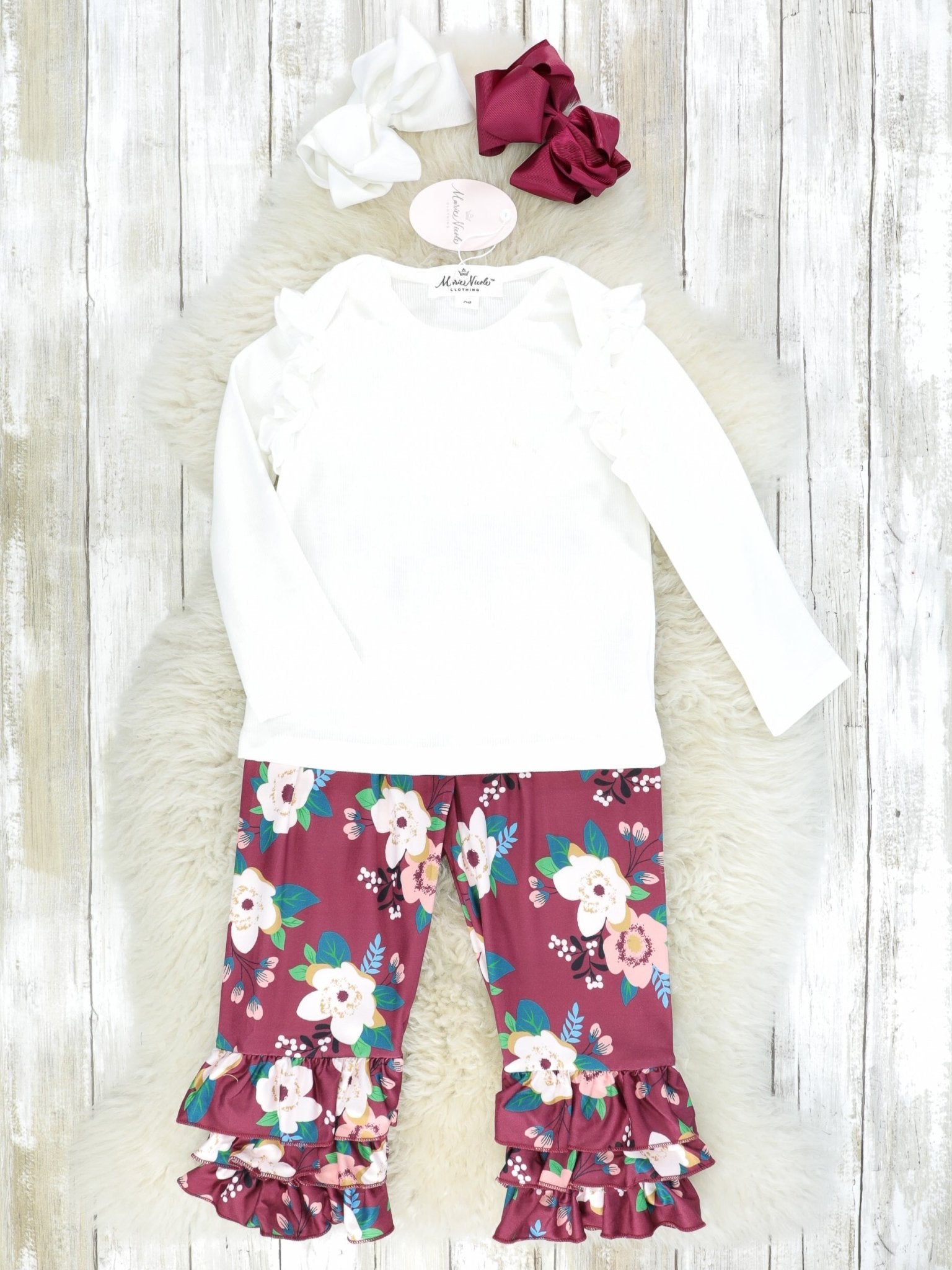 White Ruffle Top & Burgundy Floral Bottoms Outfit - Marie Nicole Clothing