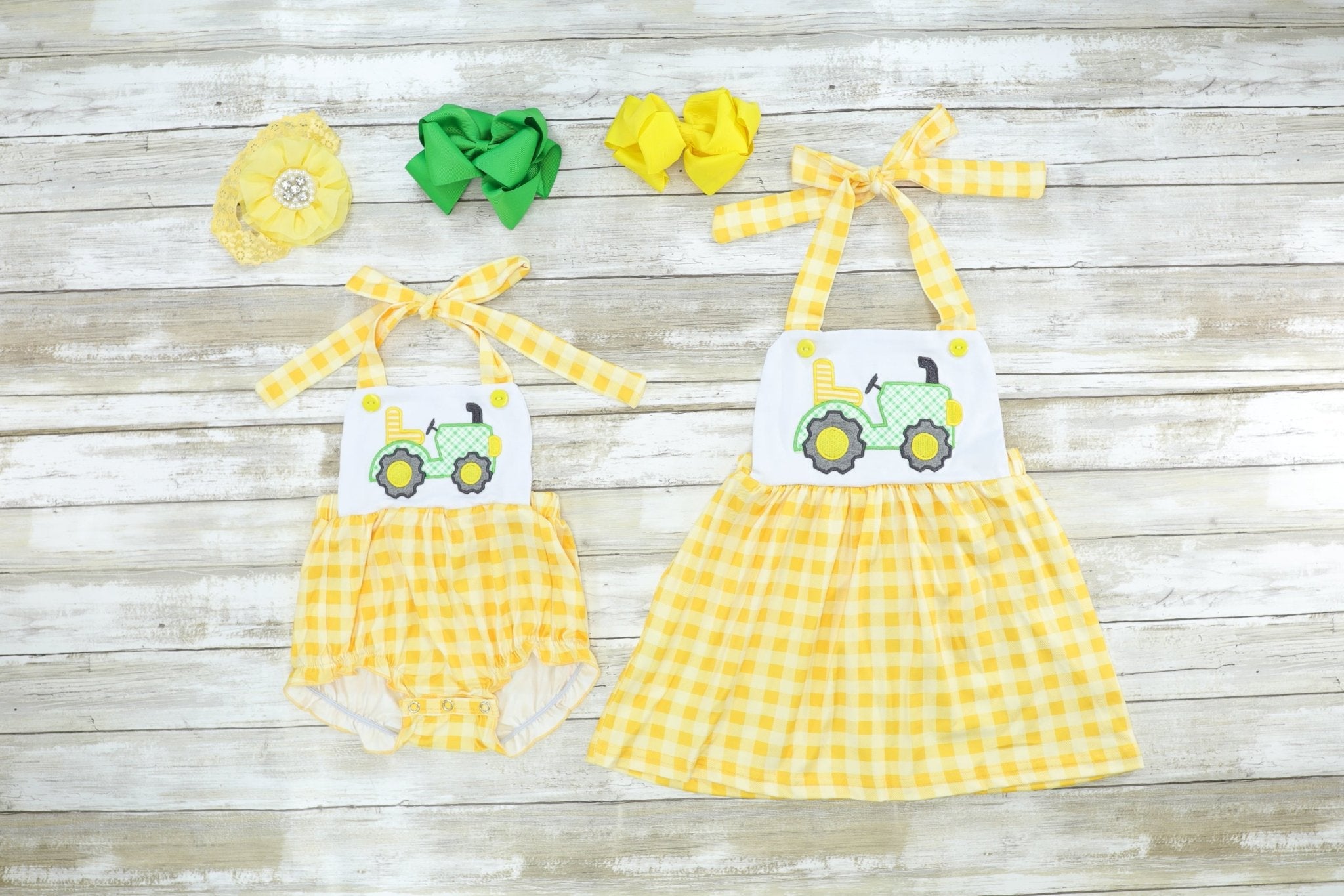 Yellow Check Tractor Halter Bubble Romper - Marie Nicole Clothing