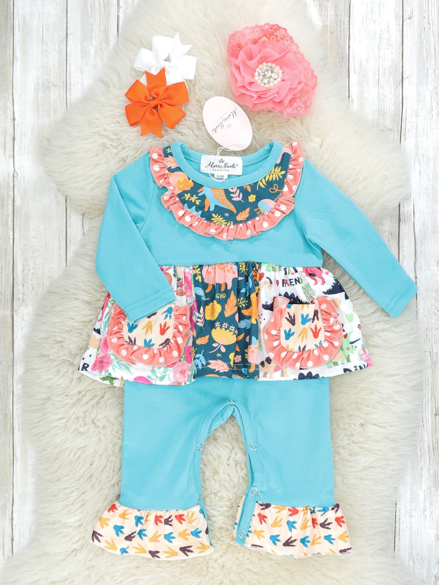 Pocket Flara Bells Romper - Blue Dinosaurs - Marie Nicole Clothing