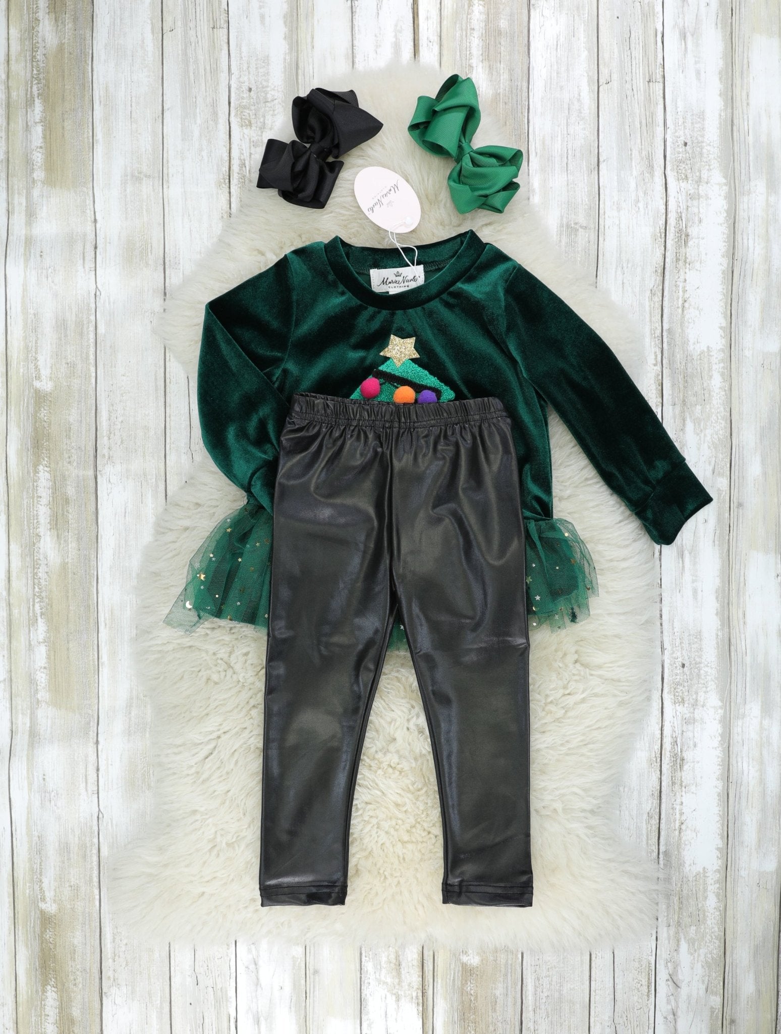 Pom Pom Christmas Tree Tulle Leather Outfit - Marie Nicole Clothing