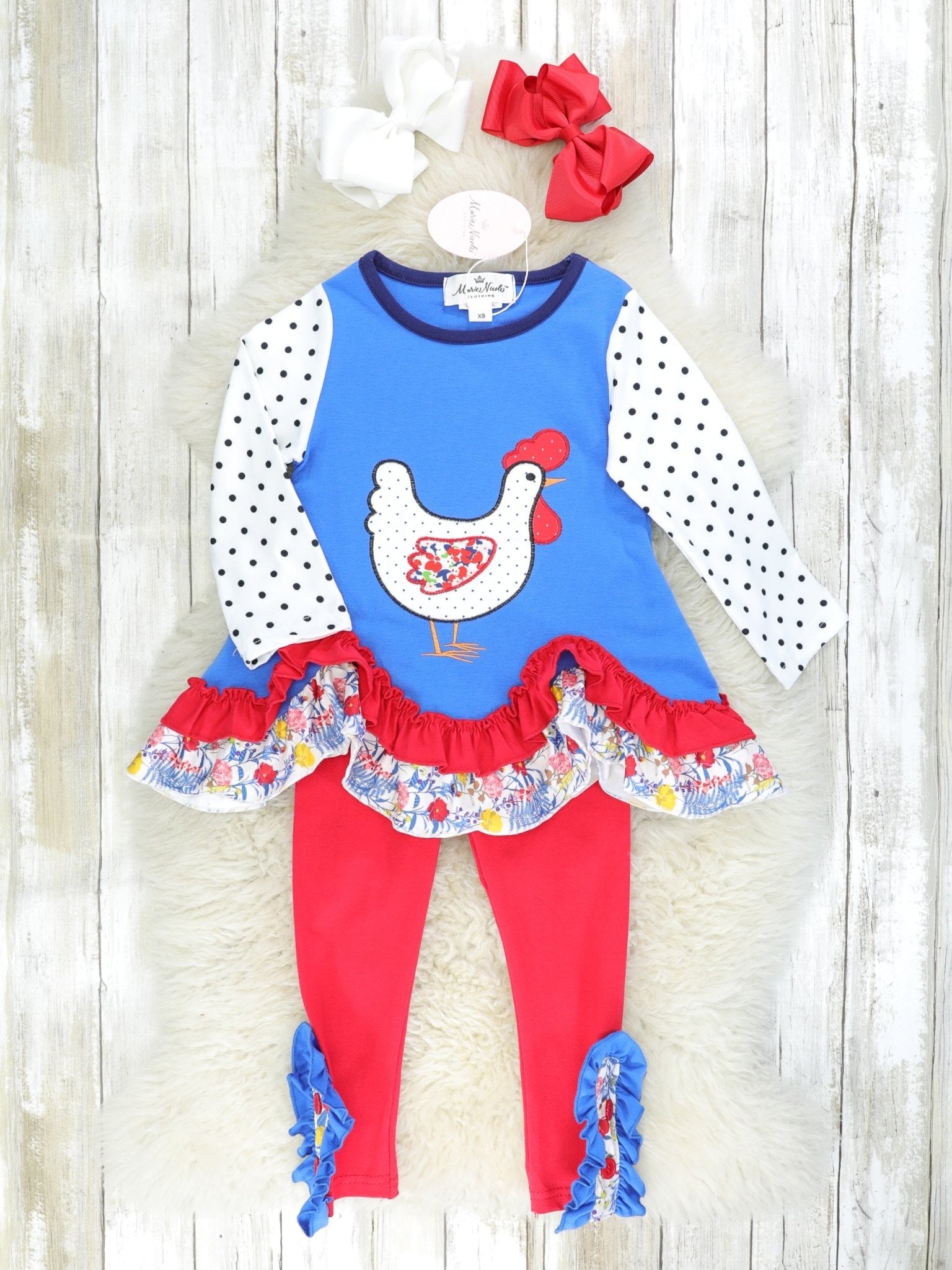 Blue Polka Dot Chicken Ruffle Top & Red Floral Bottoms Outfit - Marie Nicole Clothing