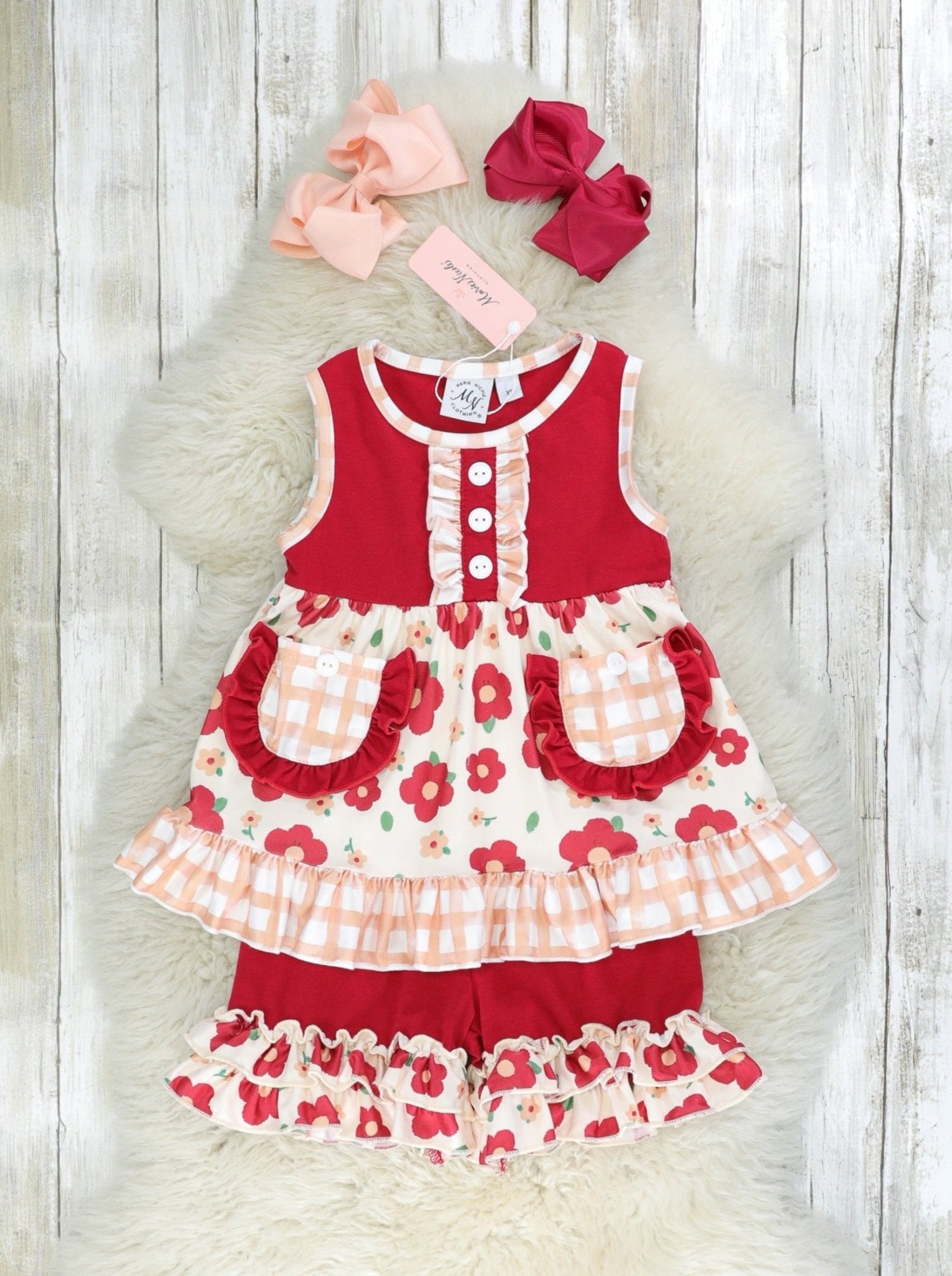 Red Poppy Pocket Tank & Ruffle Shorts Outfit - Marie Nicole Clothing