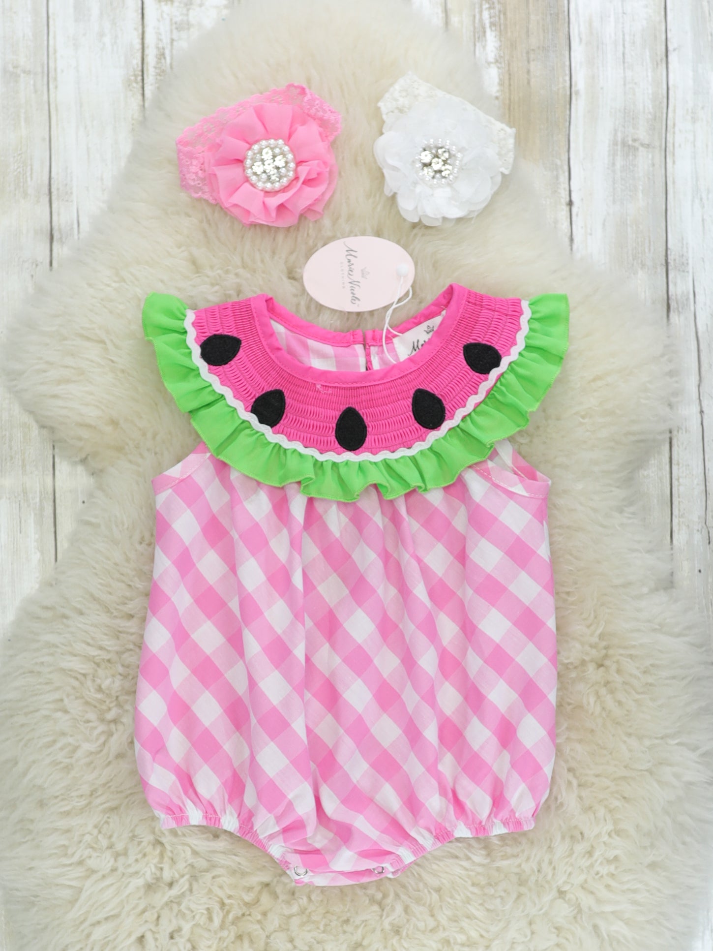 Pink Smocked Watermelon Ruffle Bubble Romper - Marie Nicole Clothing