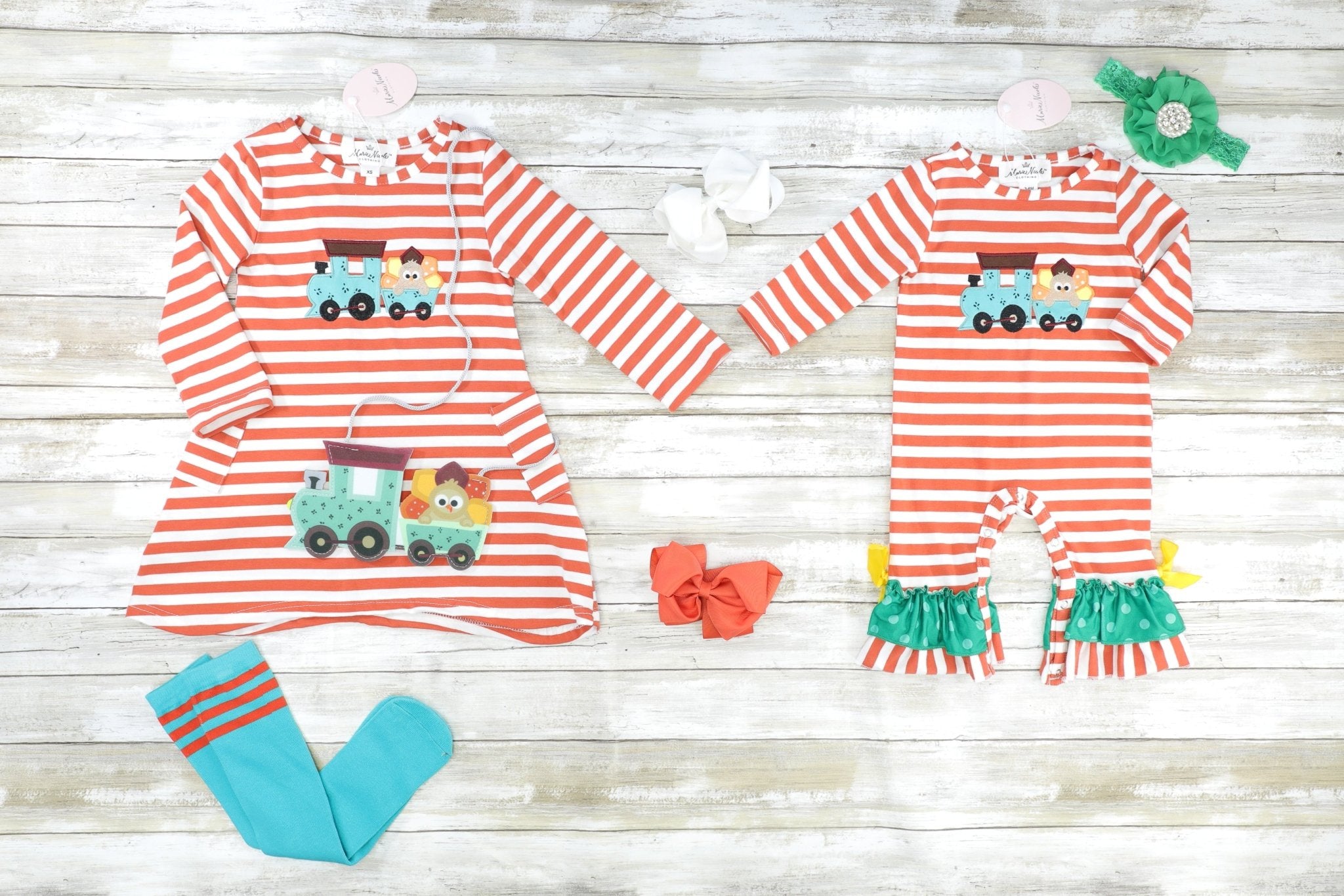 Striped Teal Turkey Train Ruffle Romper - Marie Nicole Clothing