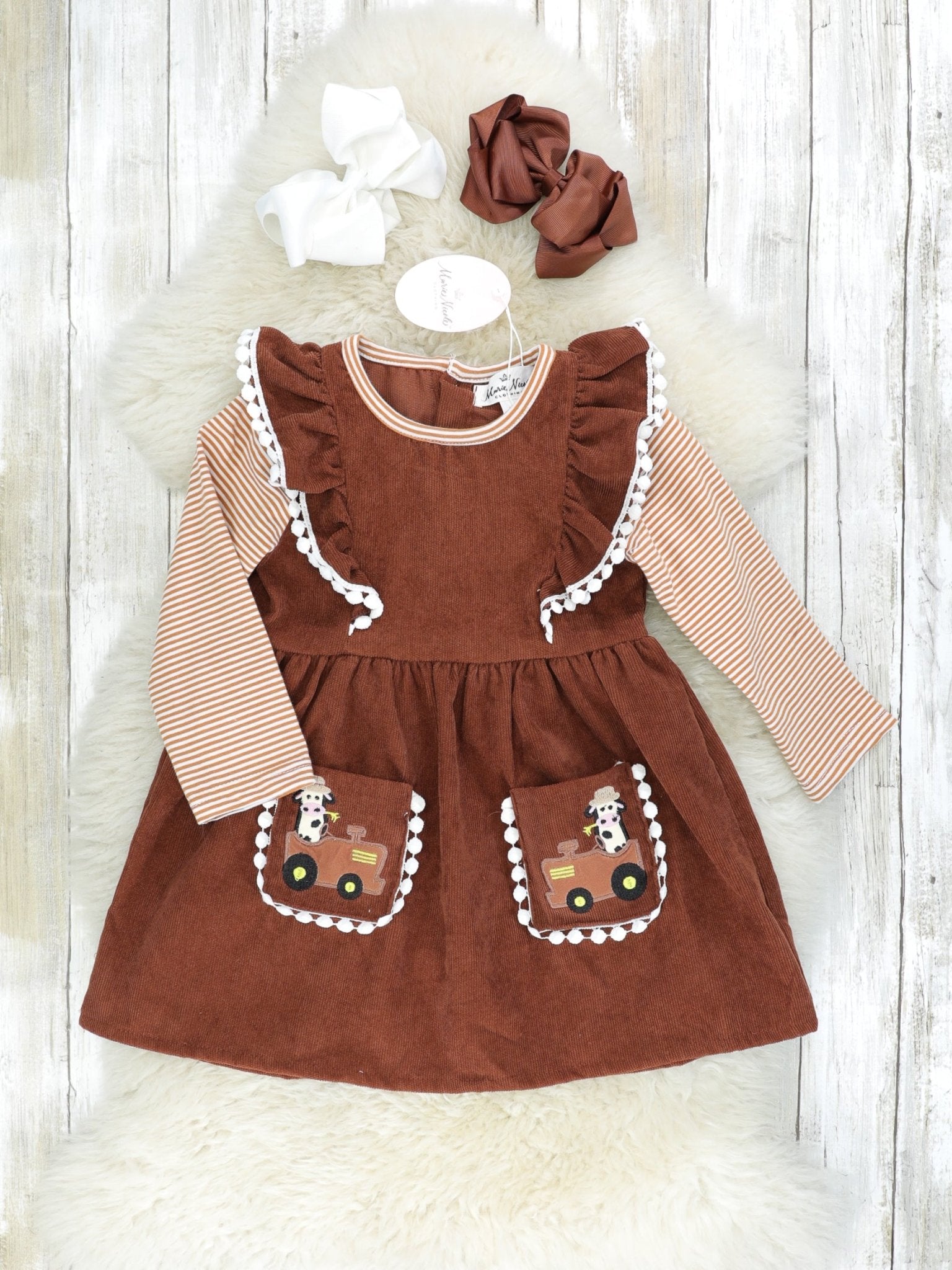 Brown Striped Cow Farmer Pocket Dress - Marie Nicole Clothing