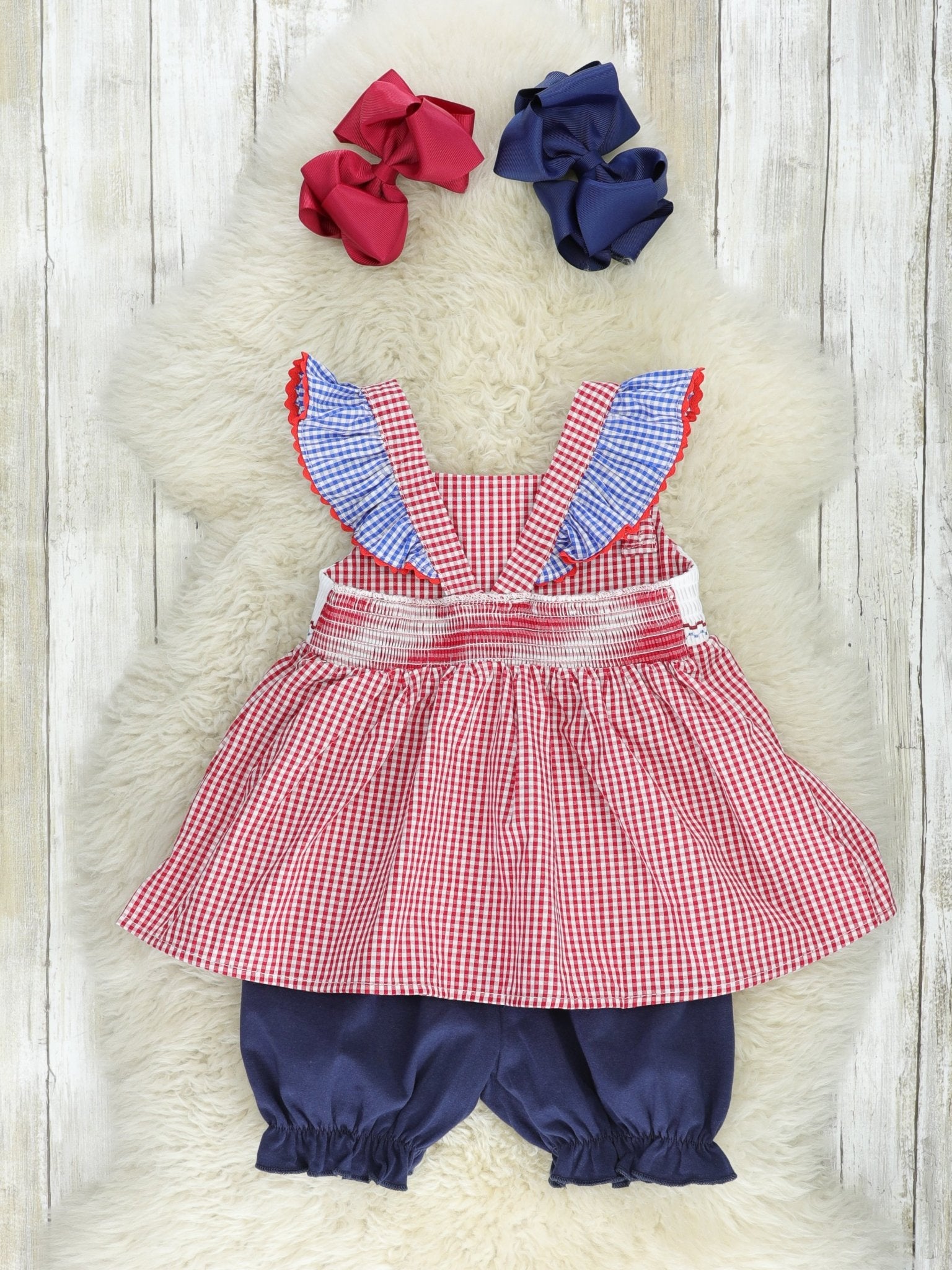 Red Gingham American Heart Smocked Outfit - Marie Nicole Clothing