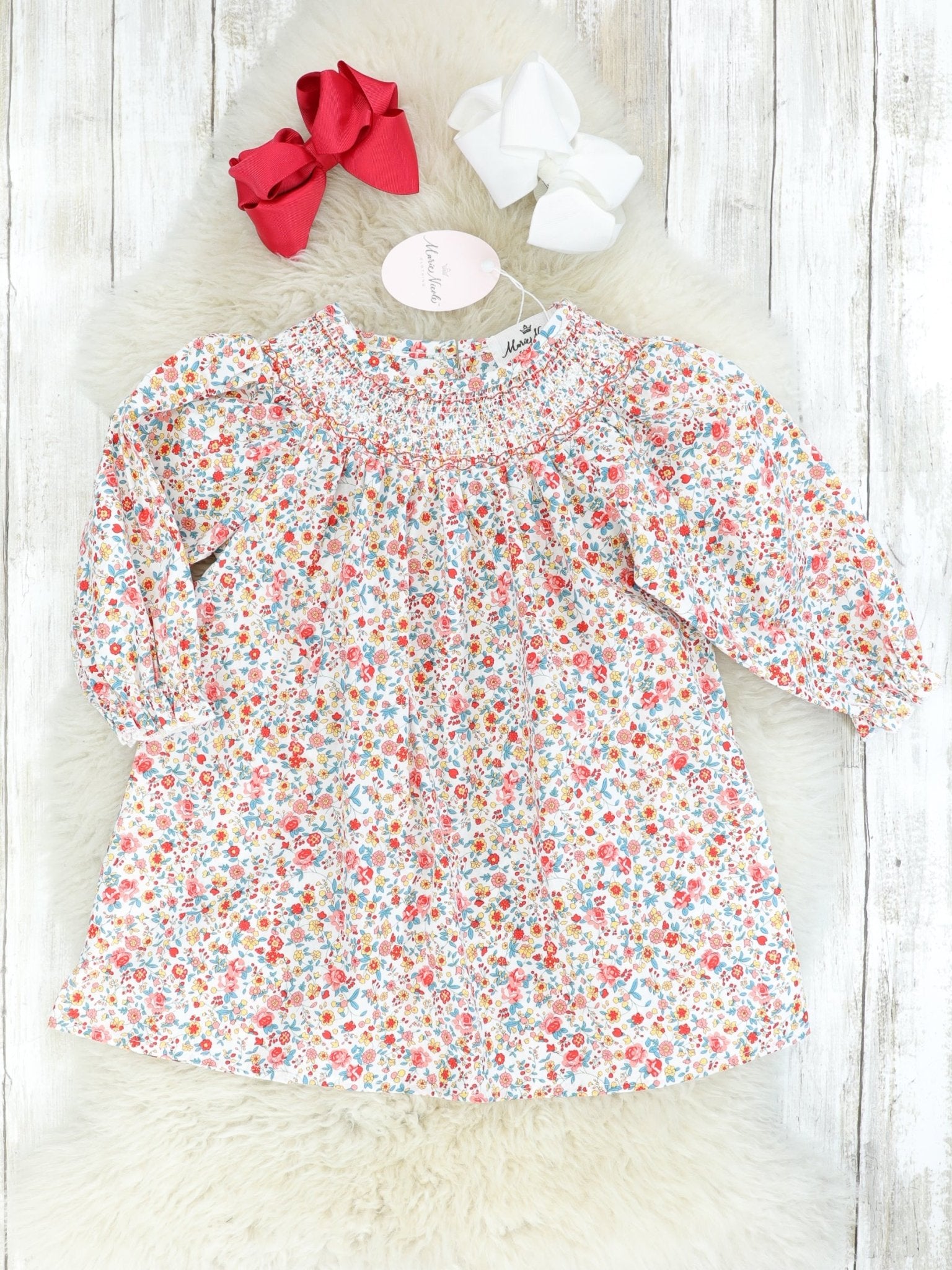 Red Ditsy Floral Smocked Dress - Marie Nicole Clothing