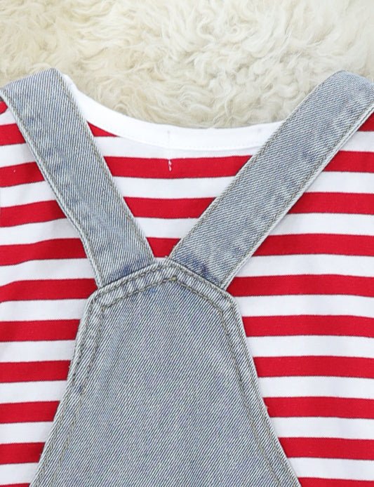 Red Striped Shirt & Denim Santa Overall Dress Set - Marie Nicole Clothing