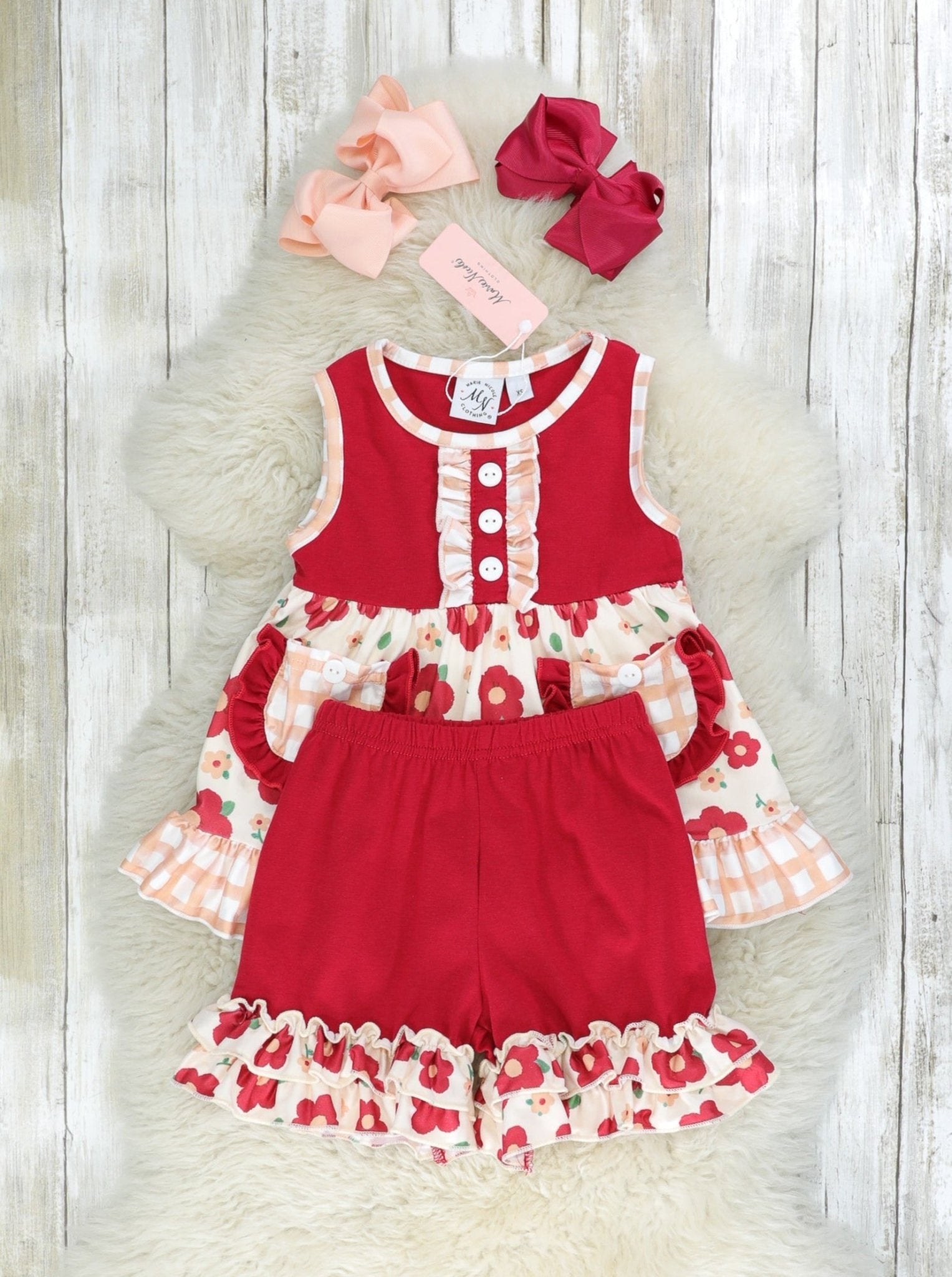 Red Poppy Pocket Tank & Ruffle Shorts Outfit - Marie Nicole Clothing