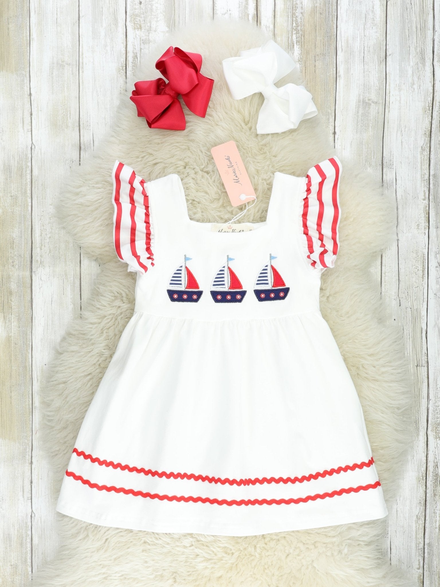 Red & Blue Sailboat Ruffle Dress - Marie Nicole Clothing