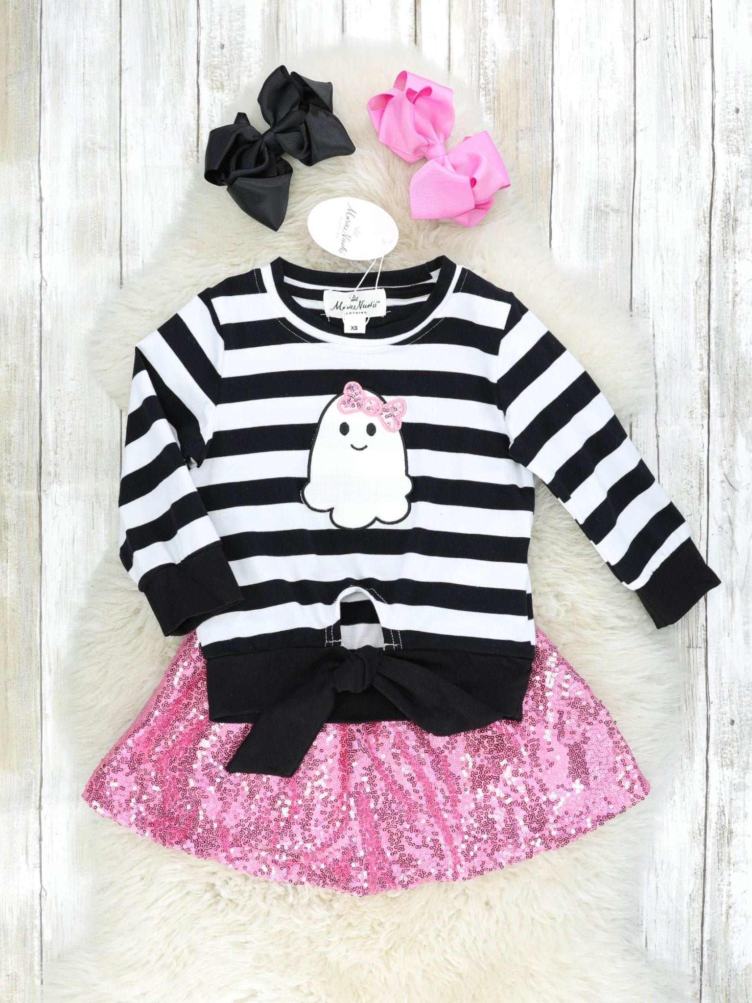 Striped Ghost Tie Top & Pink Sequin Skirt Outfit - Marie Nicole Clothing