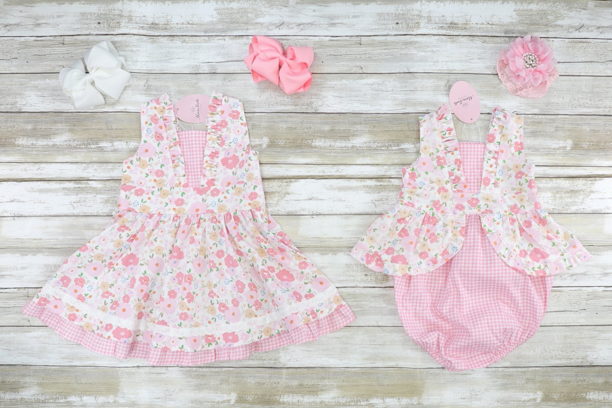 Pink Check Floral Ruffle Bubble Romper - Marie Nicole Clothing