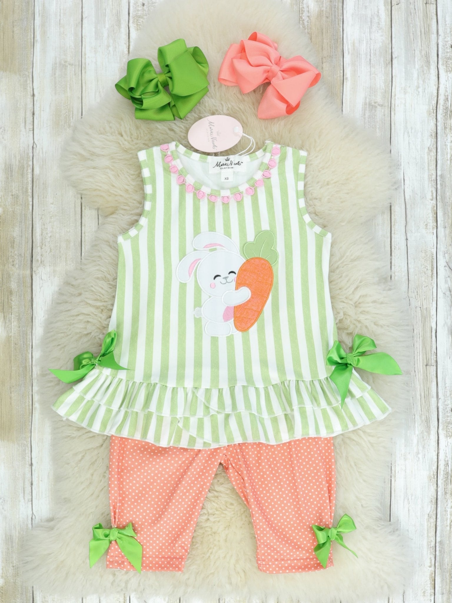 Green & Coral Spring Bunny Bow Outfit - Marie Nicole Clothing